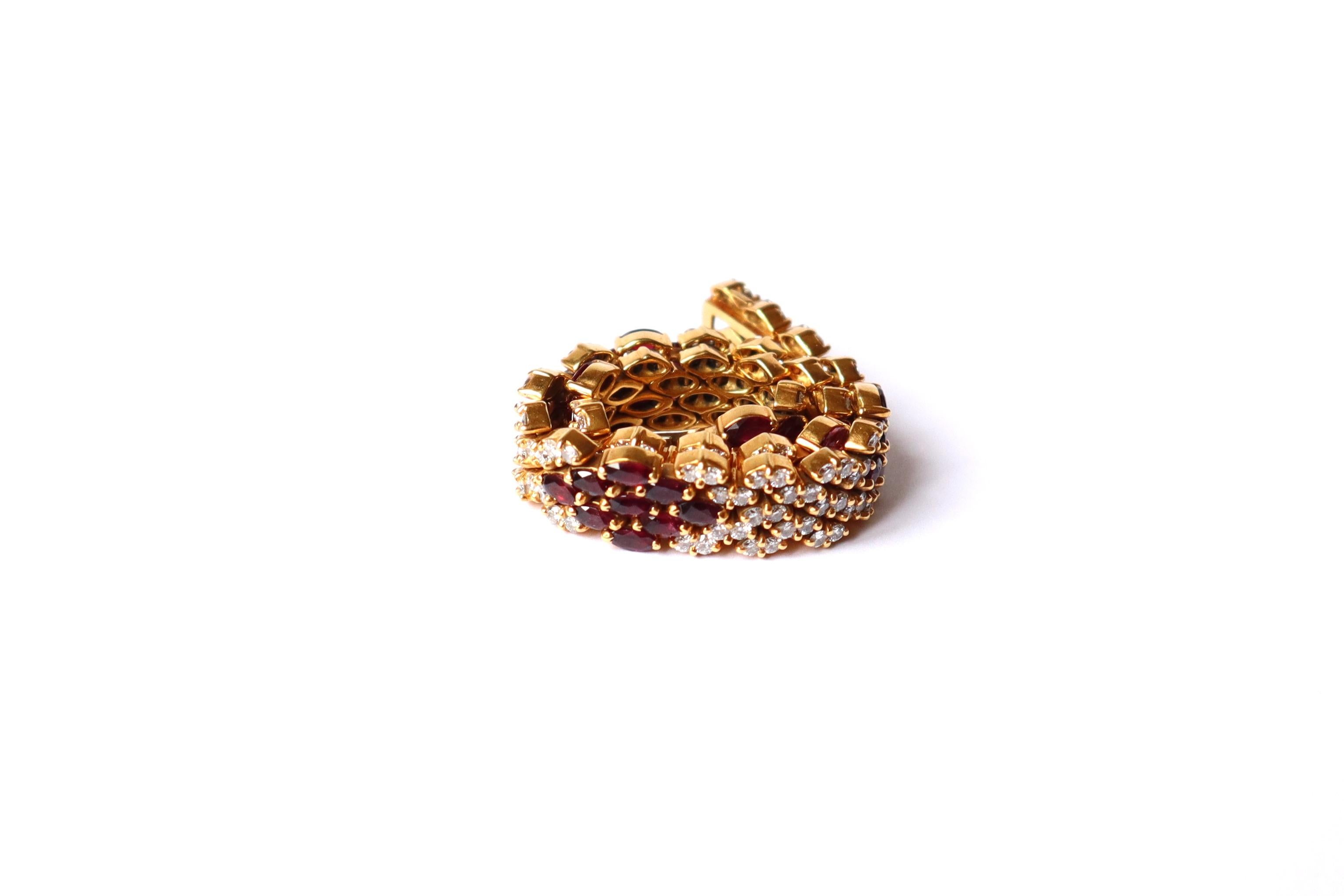 Ruby and Diamonds Paved Bracelet in 18 Carat Yellow Gold For Sale 1