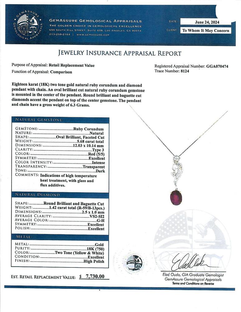 Articolo #8124

Certificato GGA (Gemassure Gemological Appraisals)
Collana da donna in 18 carati con rubino E. da 5,68 carati e diamanti da 1,42 carati

Pendente in oro bicolore a diciotto carati (18K) con rubino naturale, corindone e diamanti e