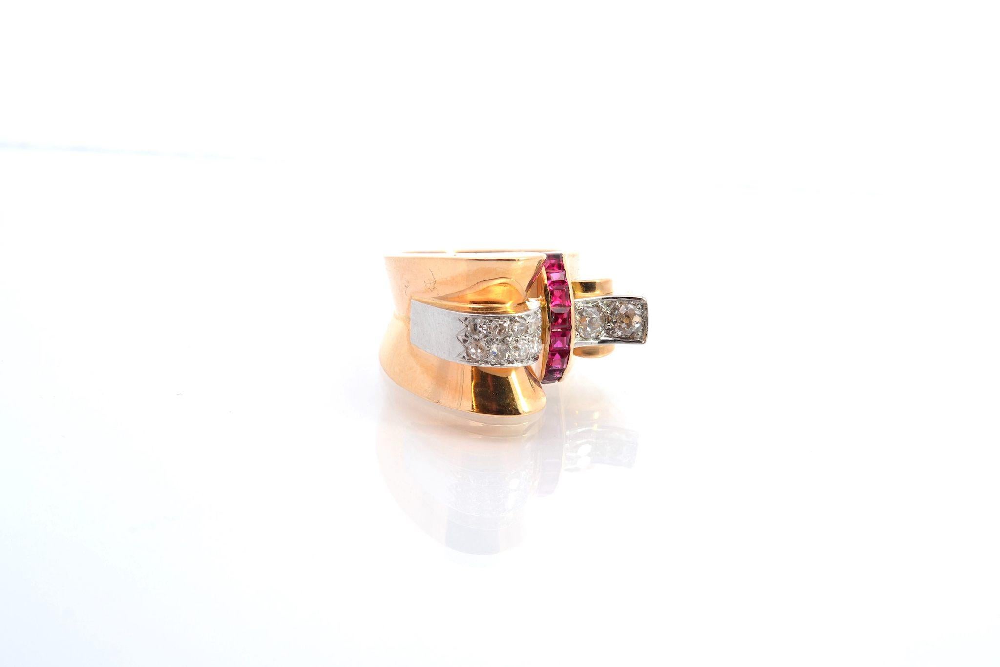 Brilliant Cut Ruby and diamonds tank ring For Sale
