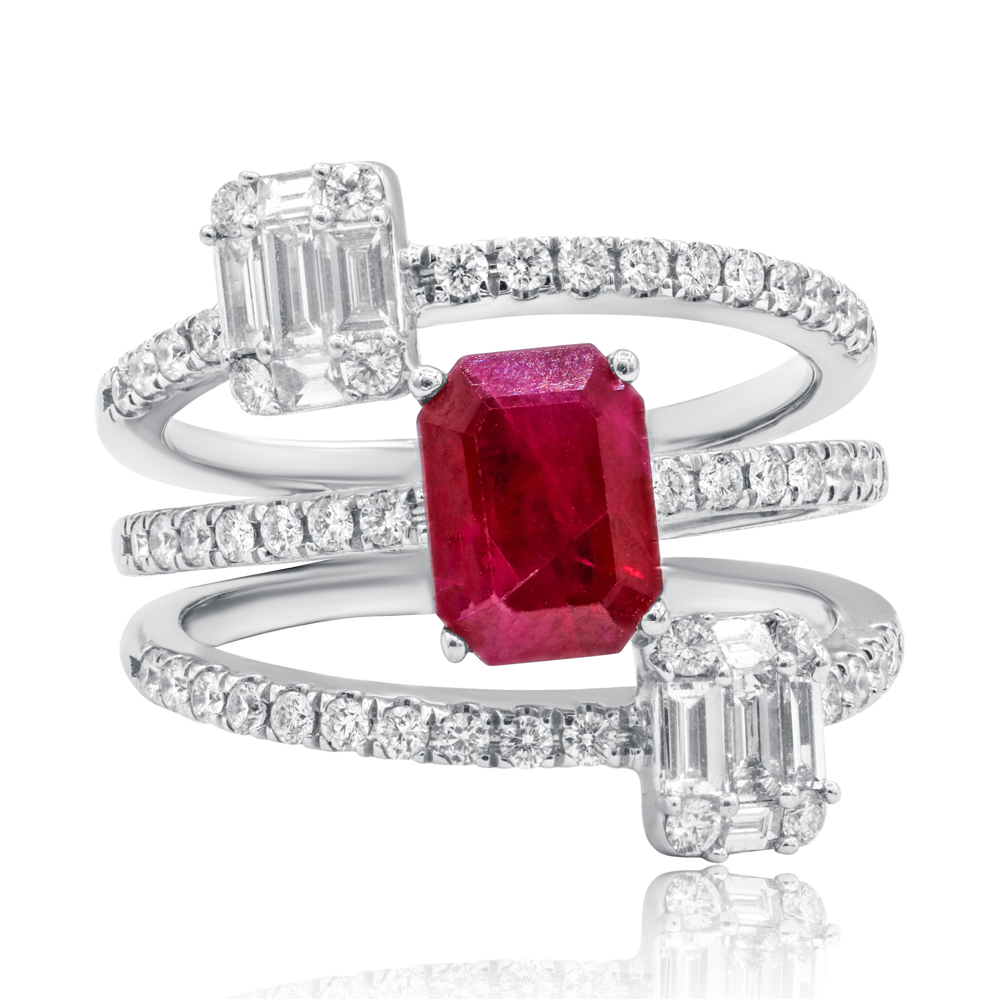 18K white gold ring features 1.04 ct round and emerald cut diamonds and 1.88 ct emerald cut ruby.
Finger size 7
