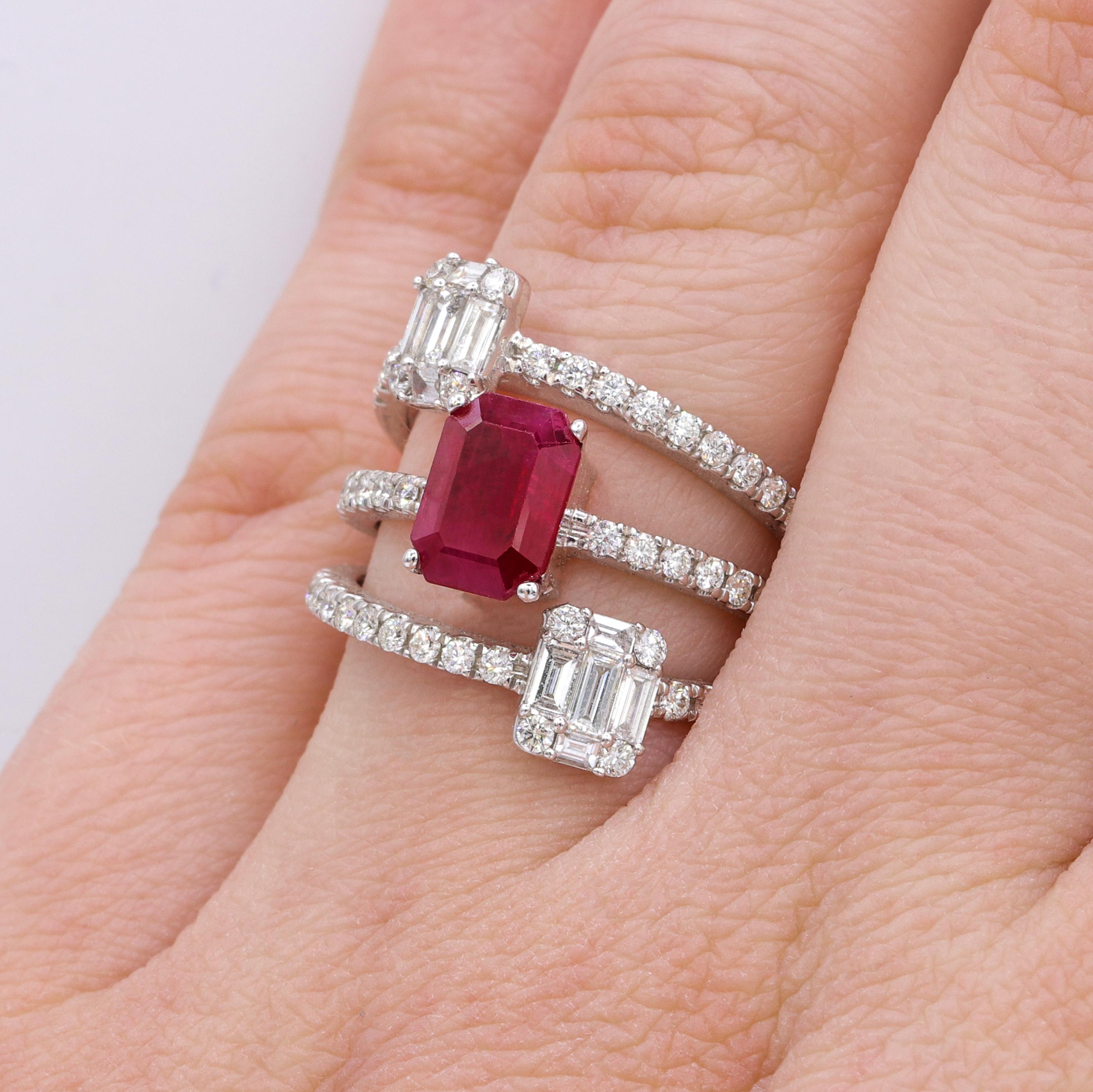 Emerald Cut Ruby and Diamonds Three-Row Ring