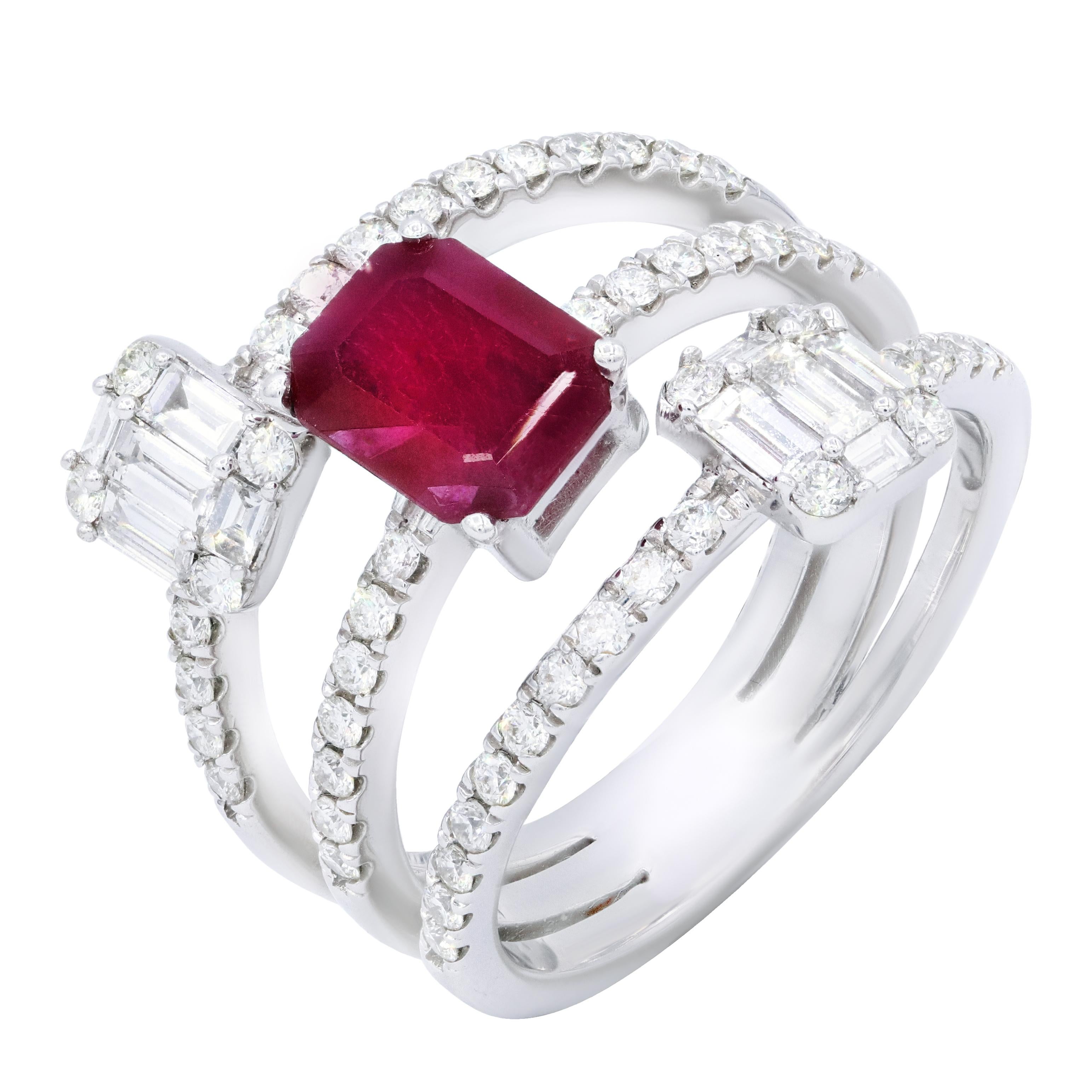 Ruby and Diamonds Three-Row Ring