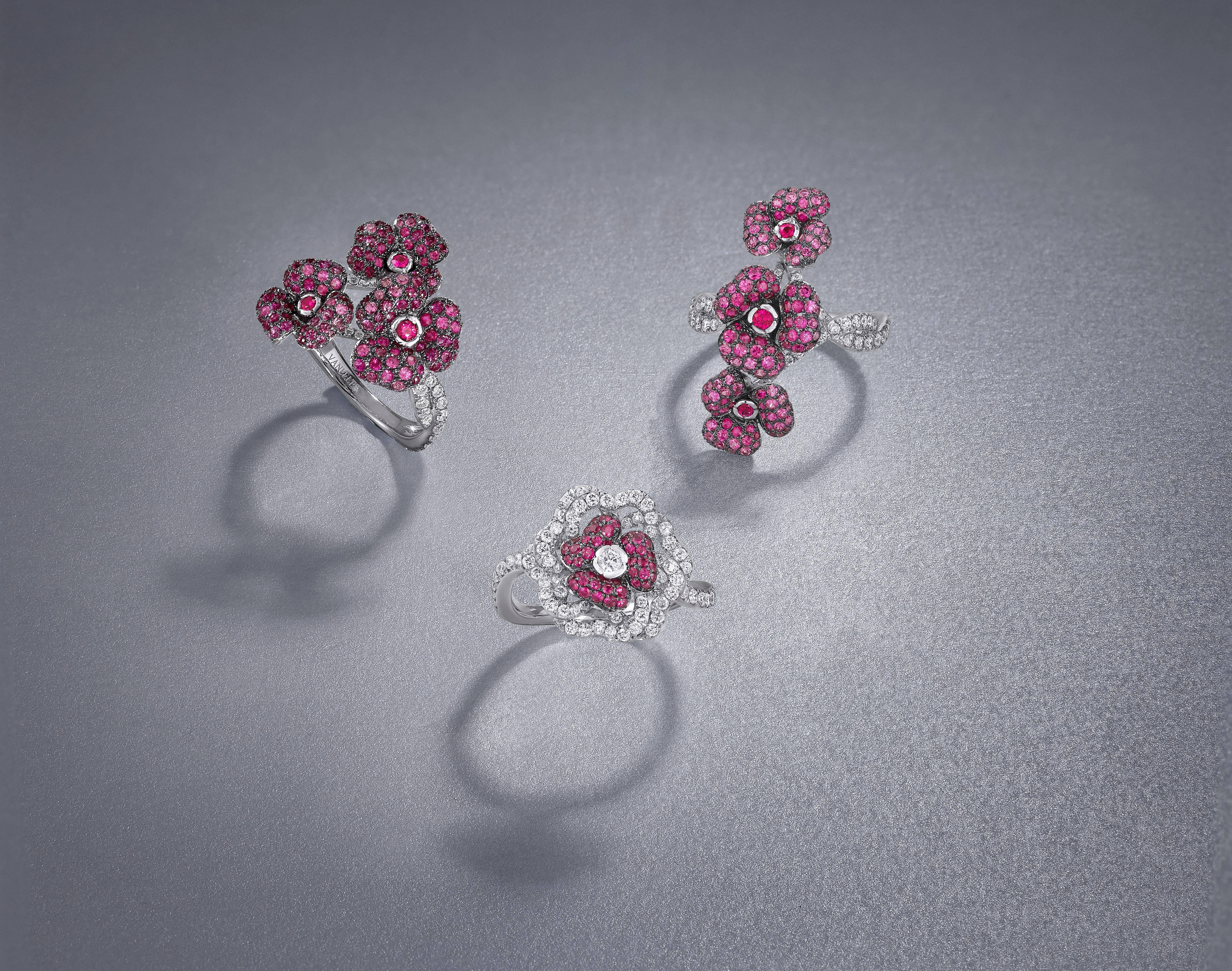 Romantic Ruby and Diamonds, White Gold Flower Ring