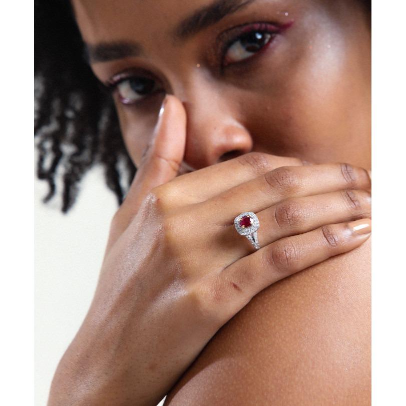 De las mujeres Anillo Halo de Rubí y Doble Diamante de 1,20 ct en venta