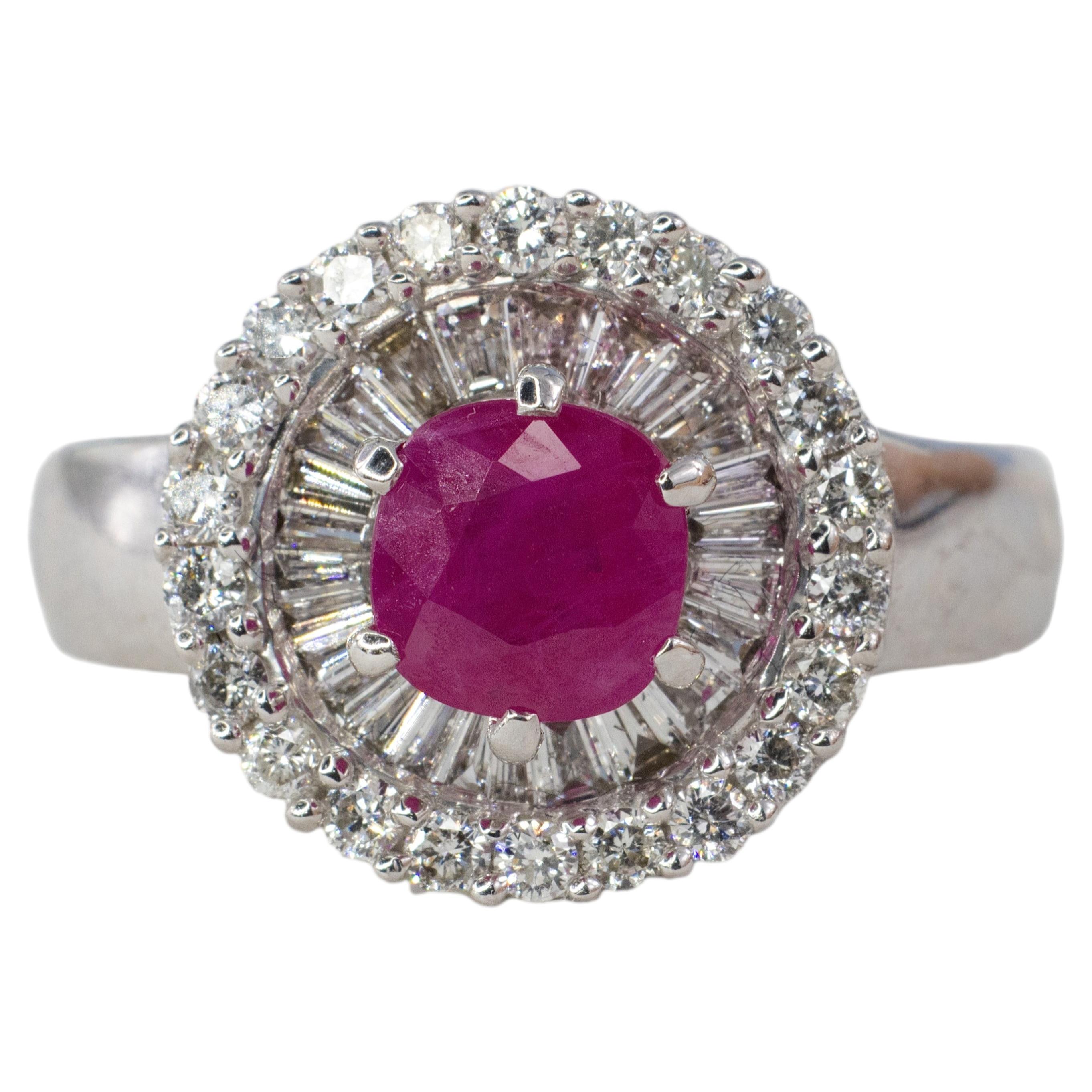 Ruby and Double Halo Mixed-Cut Diamond Ring