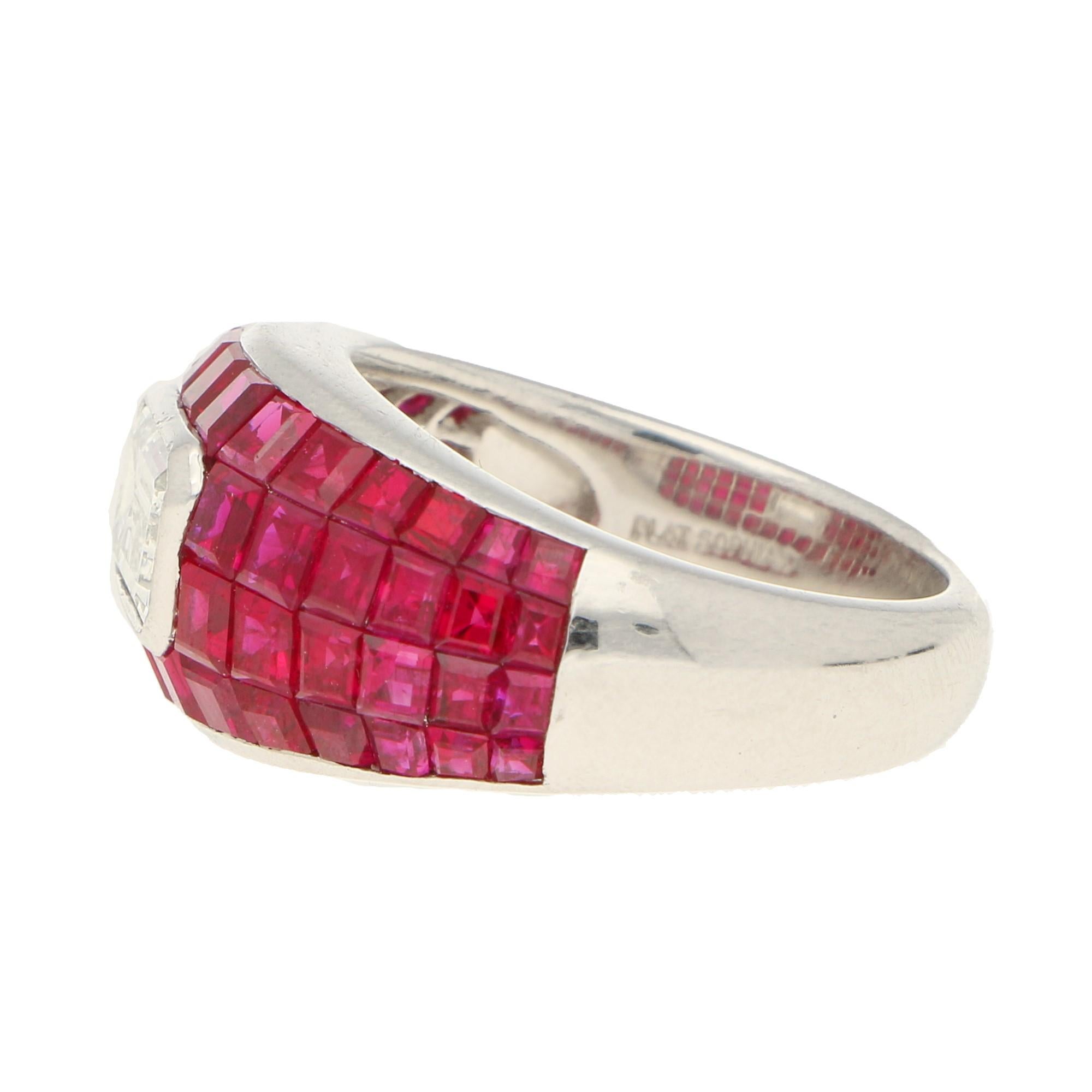 Ruby and Emerald Cut Diamond Cocktail Bombé Ring Set in Platinum In Good Condition In London, GB