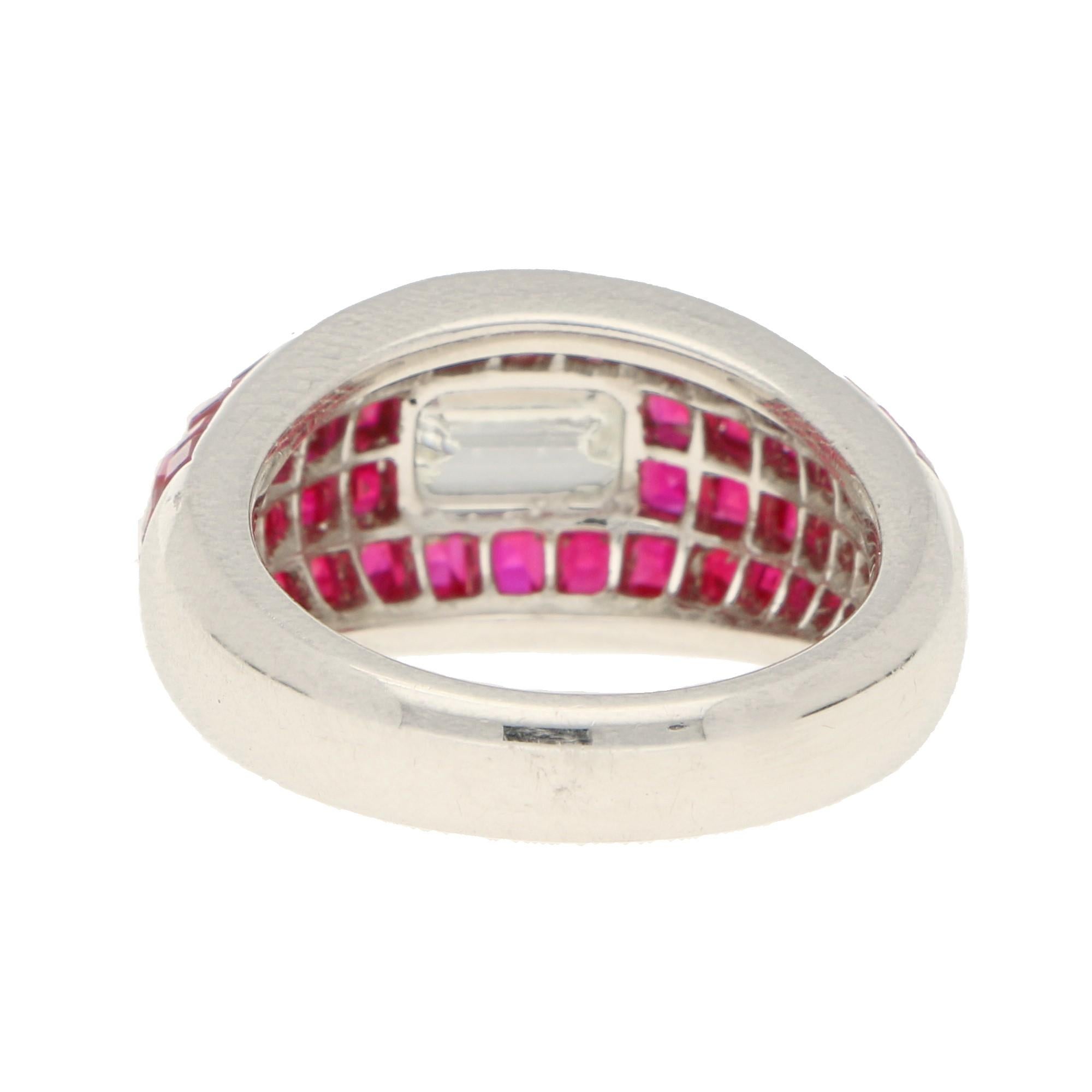 Women's or Men's Ruby and Emerald Cut Diamond Cocktail Bombé Ring Set in Platinum