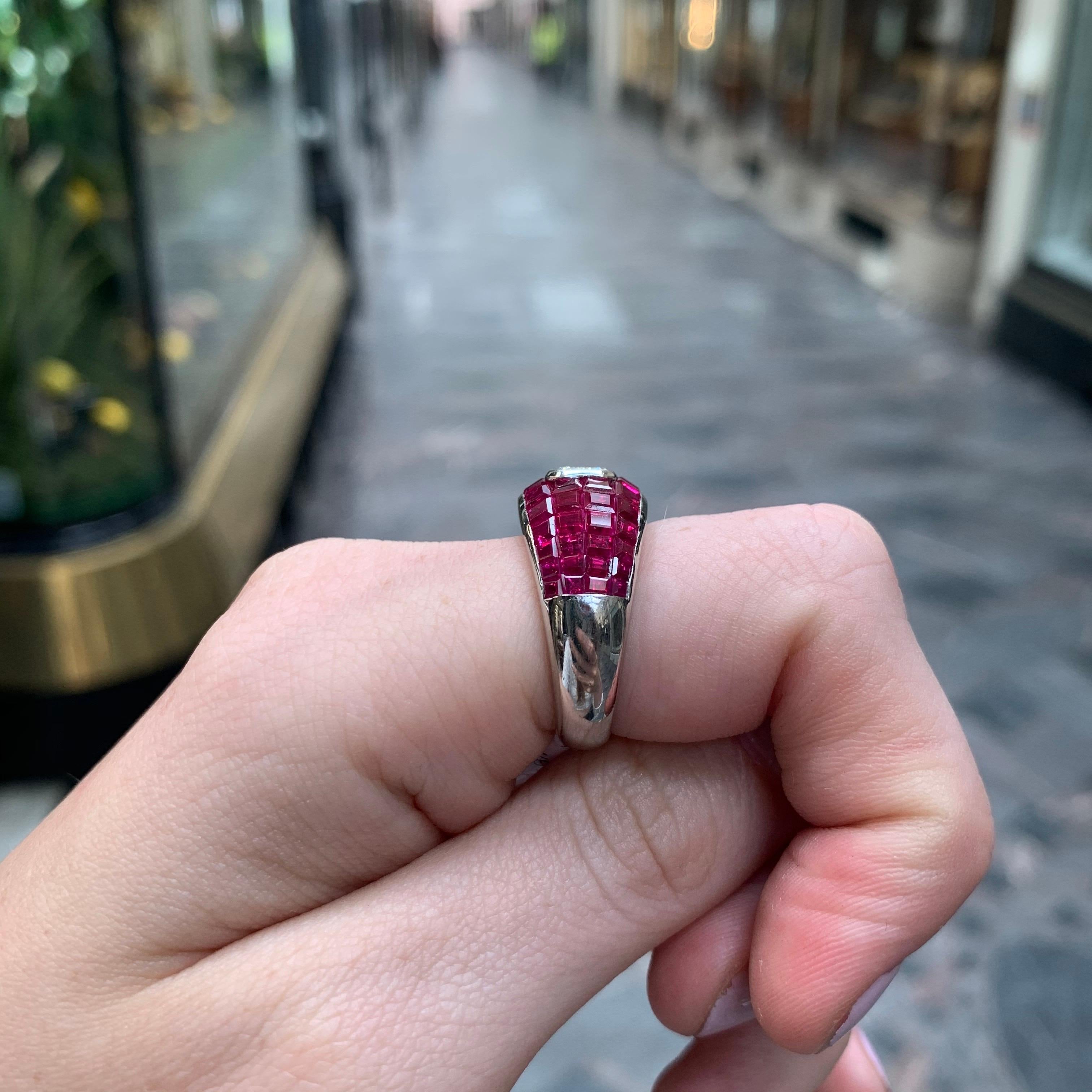 Ruby and Emerald Cut Diamond Cocktail Bombé Ring Set in Platinum 2
