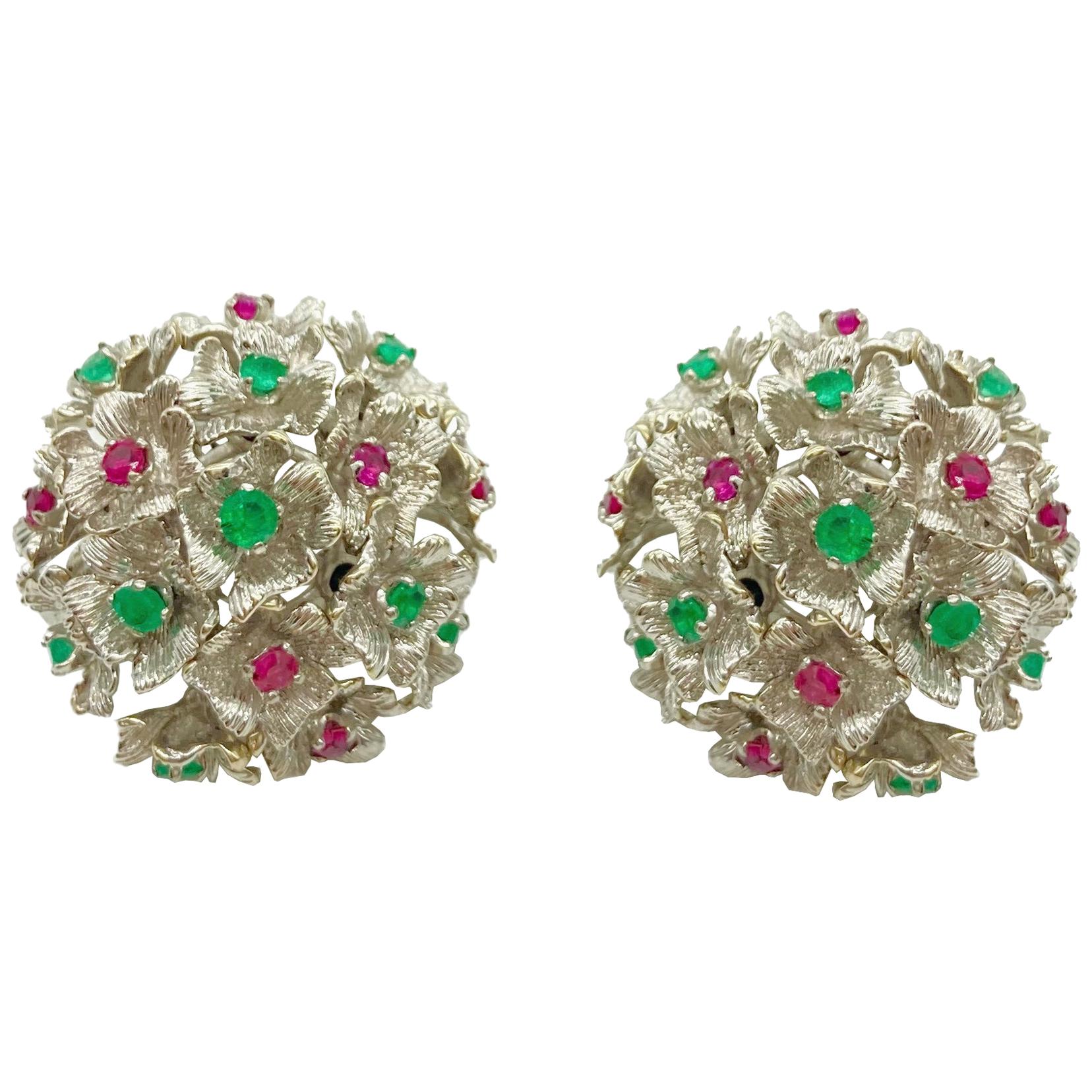 Ruby and Emerald White Gold Flower Cluster Earrings