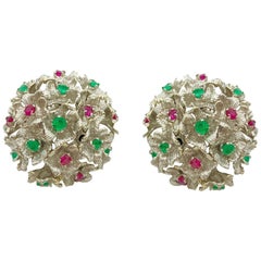 Ruby and Emerald White Gold Flower Cluster Earrings