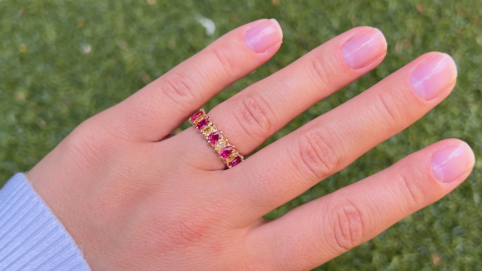 Contemporary Ruby and Fancy Yellow Diamond Eternity Band Ring For Sale