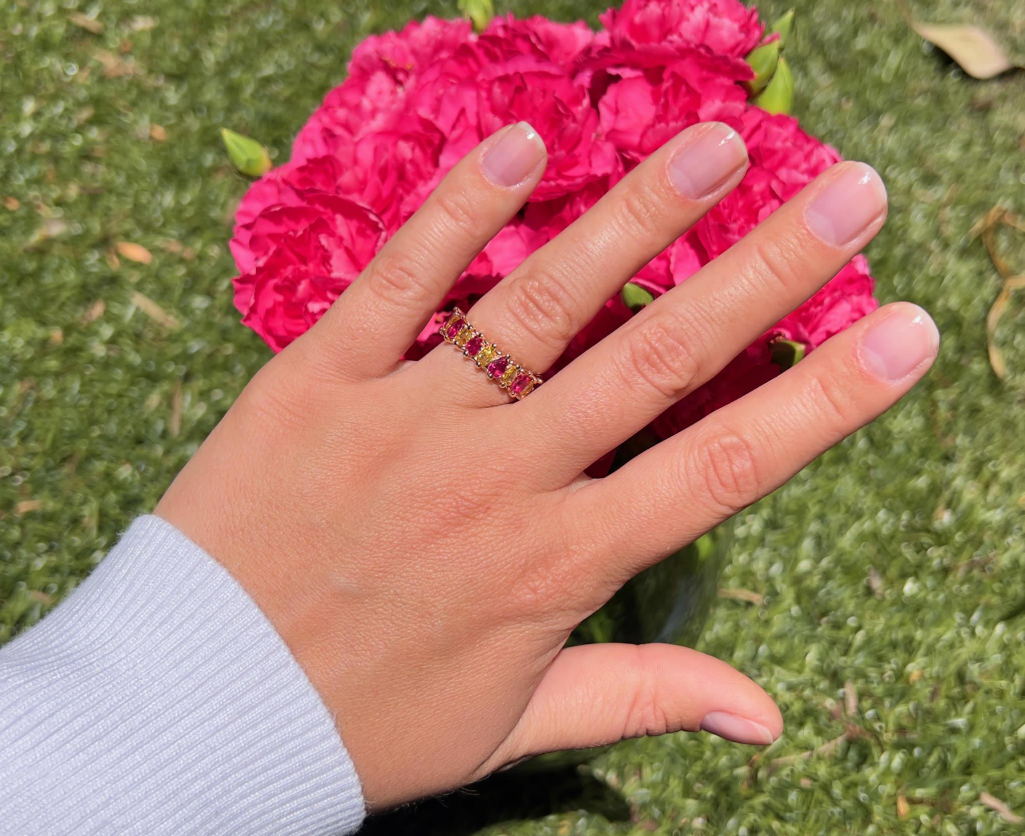 Ruby and Fancy Yellow Diamond Eternity Band Ring 11:11 In Excellent Condition For Sale In Laguna Niguel, CA