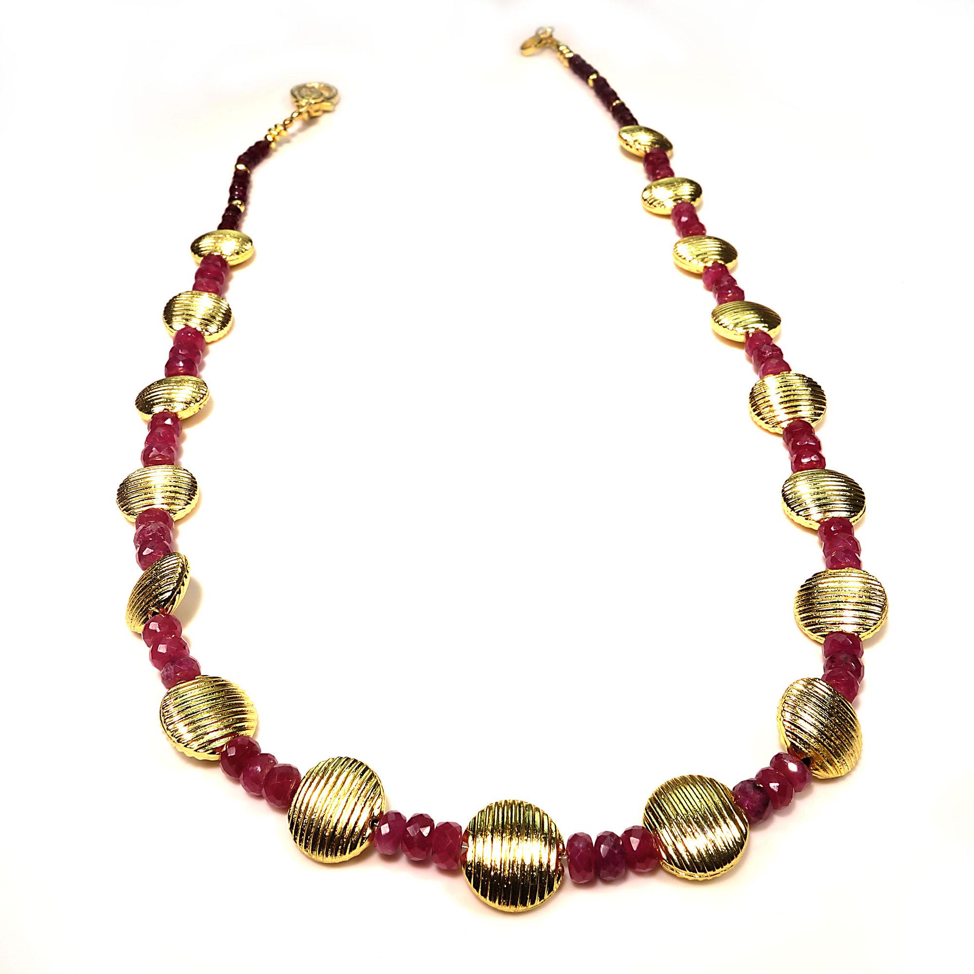 16 Inch delicate Ruby rondels and gold filled disc Choker necklace.  This unique choker is perfect for July baby because it features these gorgeous rubies, the July birthstone.  The rubies are 4mm and the gold filled striated discs are 10mm. This