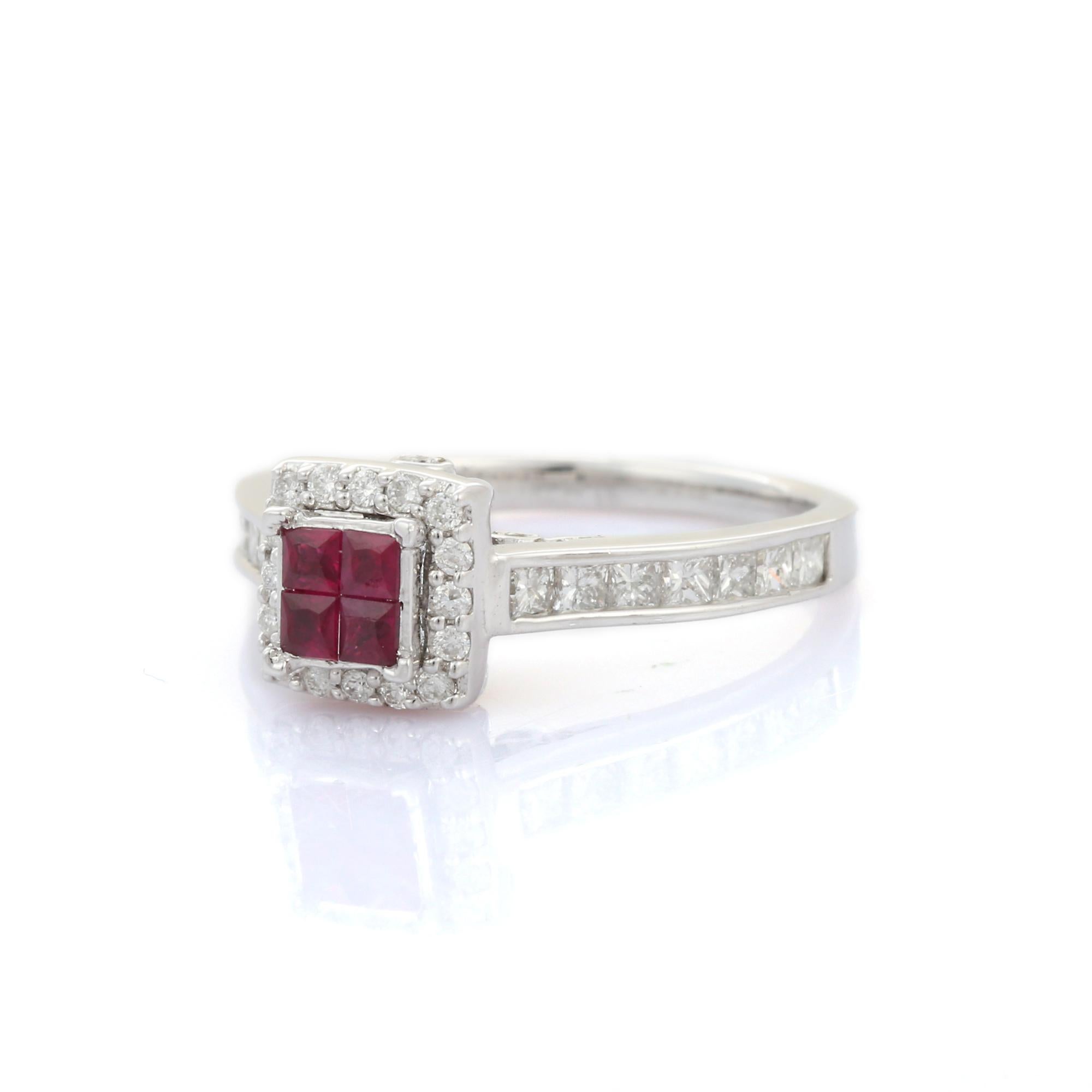 For Sale:  Ruby and Halo Diamond Engagement Ring in 18K Solid White Gold 2