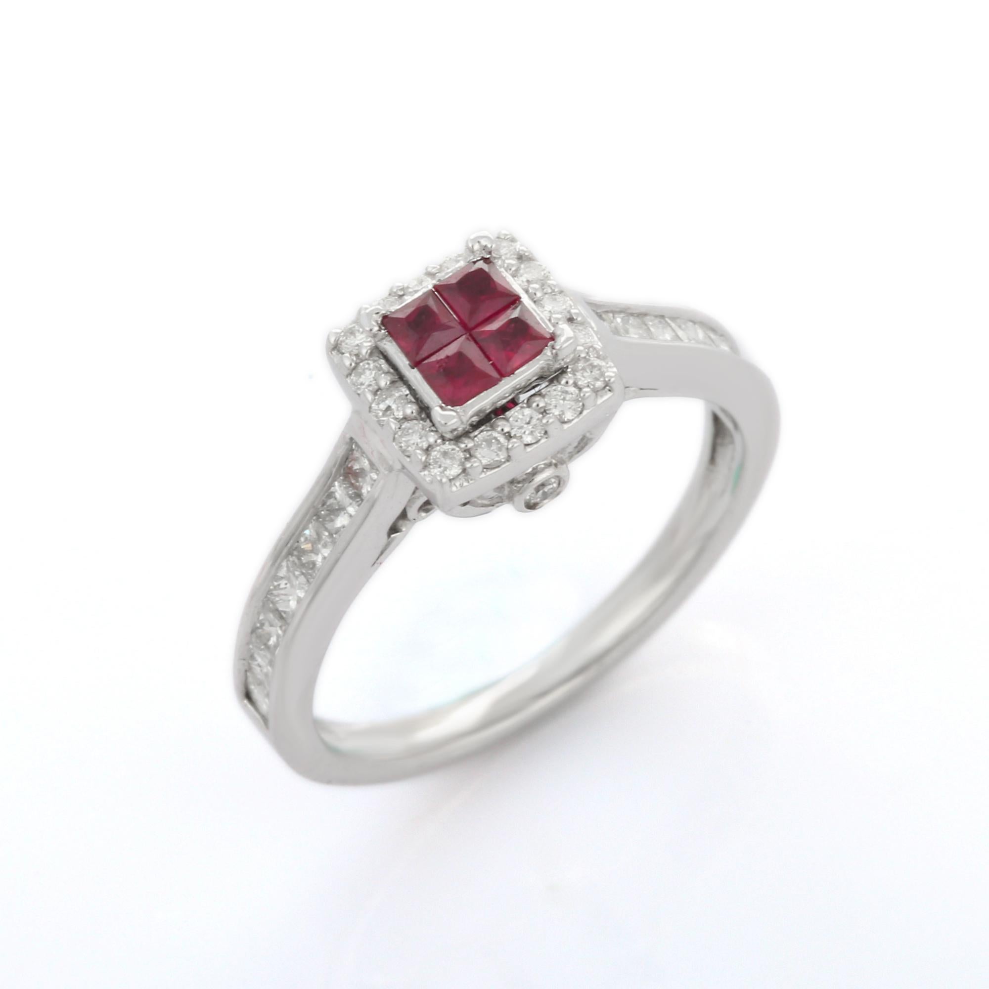 En vente :  Bague de fiançailles en or blanc massif 18 carats avec rubis et halo de diamants 6