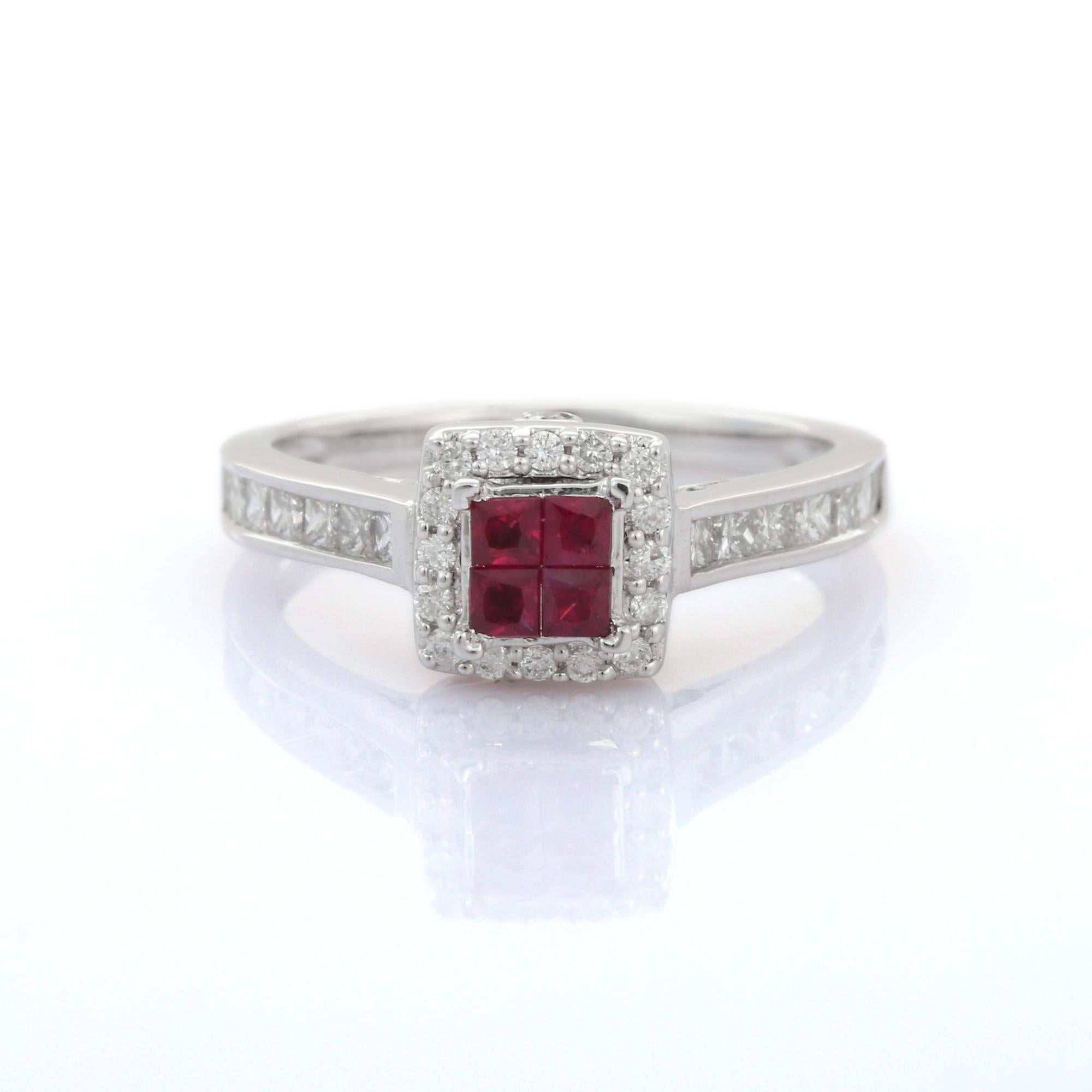 For Sale:  Ruby and Halo Diamond Engagement Ring in 18K Solid White Gold 7