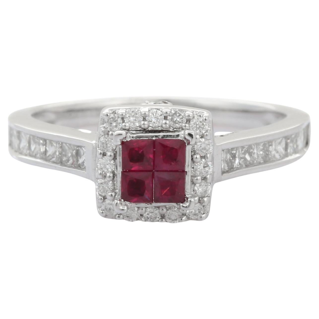 For Sale:  Ruby and Halo Diamond Engagement Ring in 18K Solid White Gold