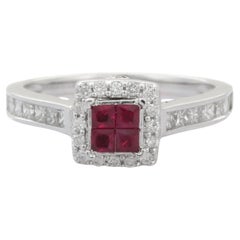 Ruby and Halo Diamond Engagement Ring in 18K Solid White Gold
