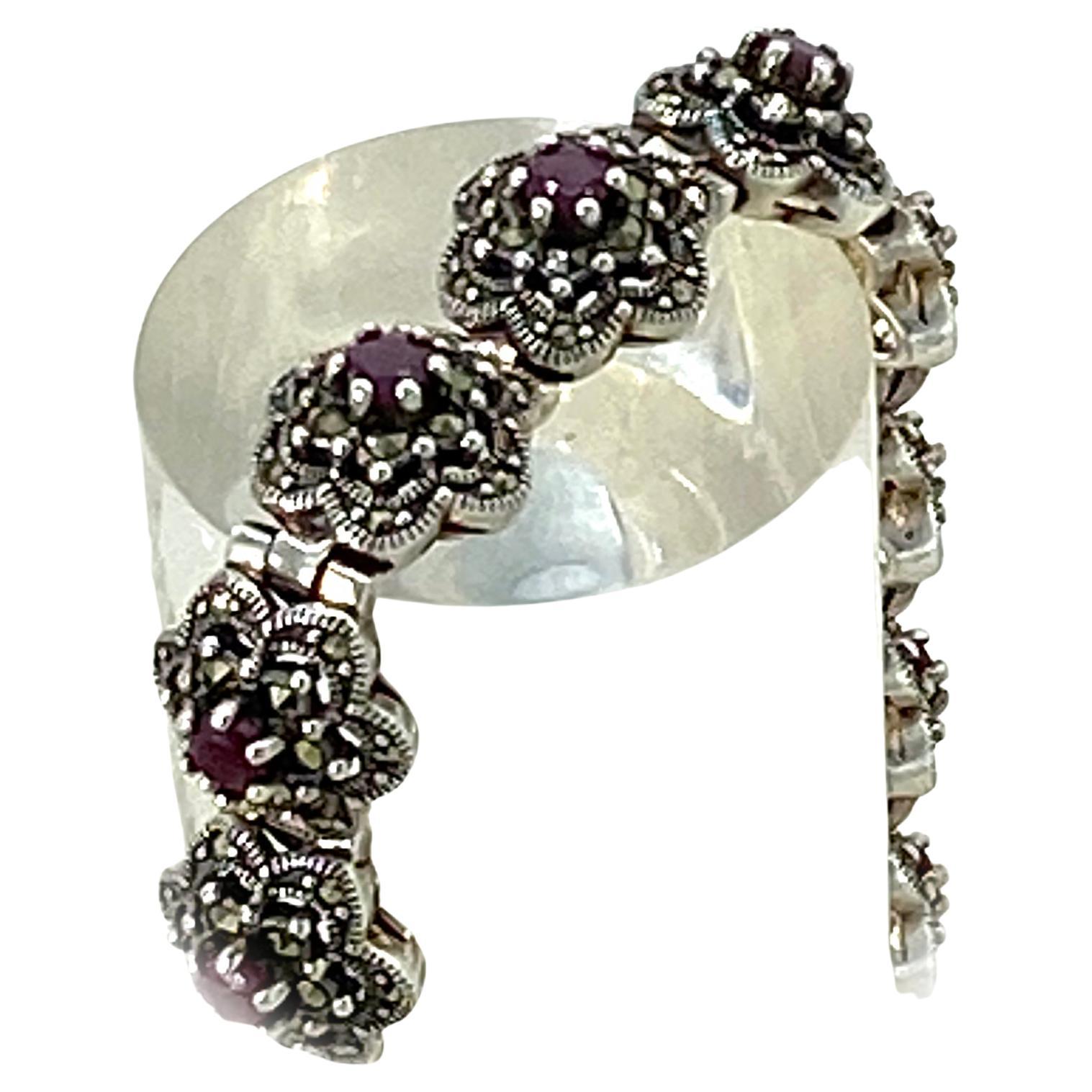 Baroque Revival Ruby and Marcasite Sterling Link Bracelet For Sale