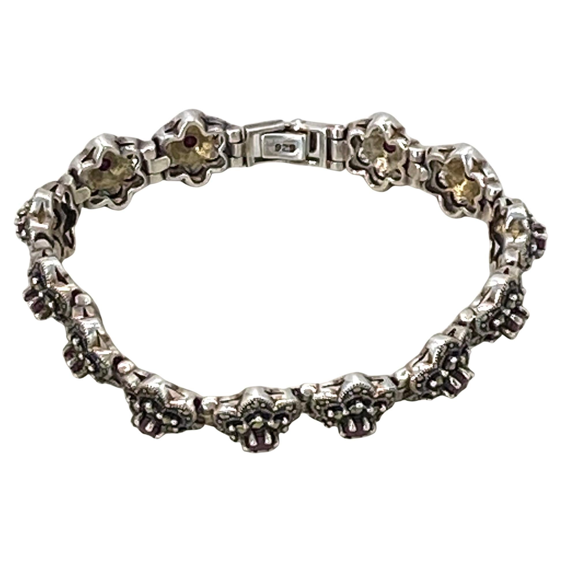 Round Cut Ruby and Marcasite Sterling Link Bracelet For Sale