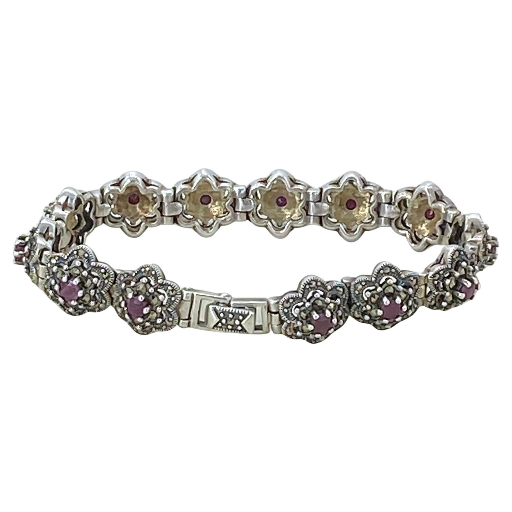 Ruby and Marcasite Sterling Link Bracelet In New Condition For Sale In Atlanta, GA