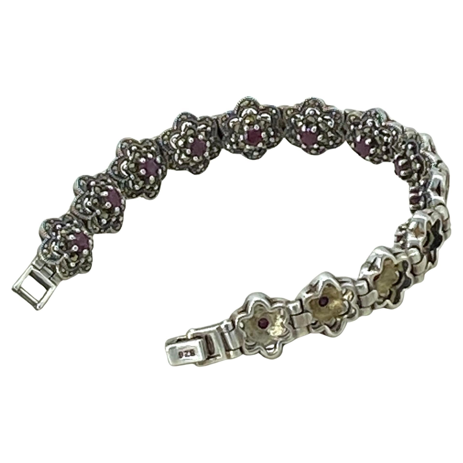Ruby and Marcasite Sterling Link Bracelet For Sale 1