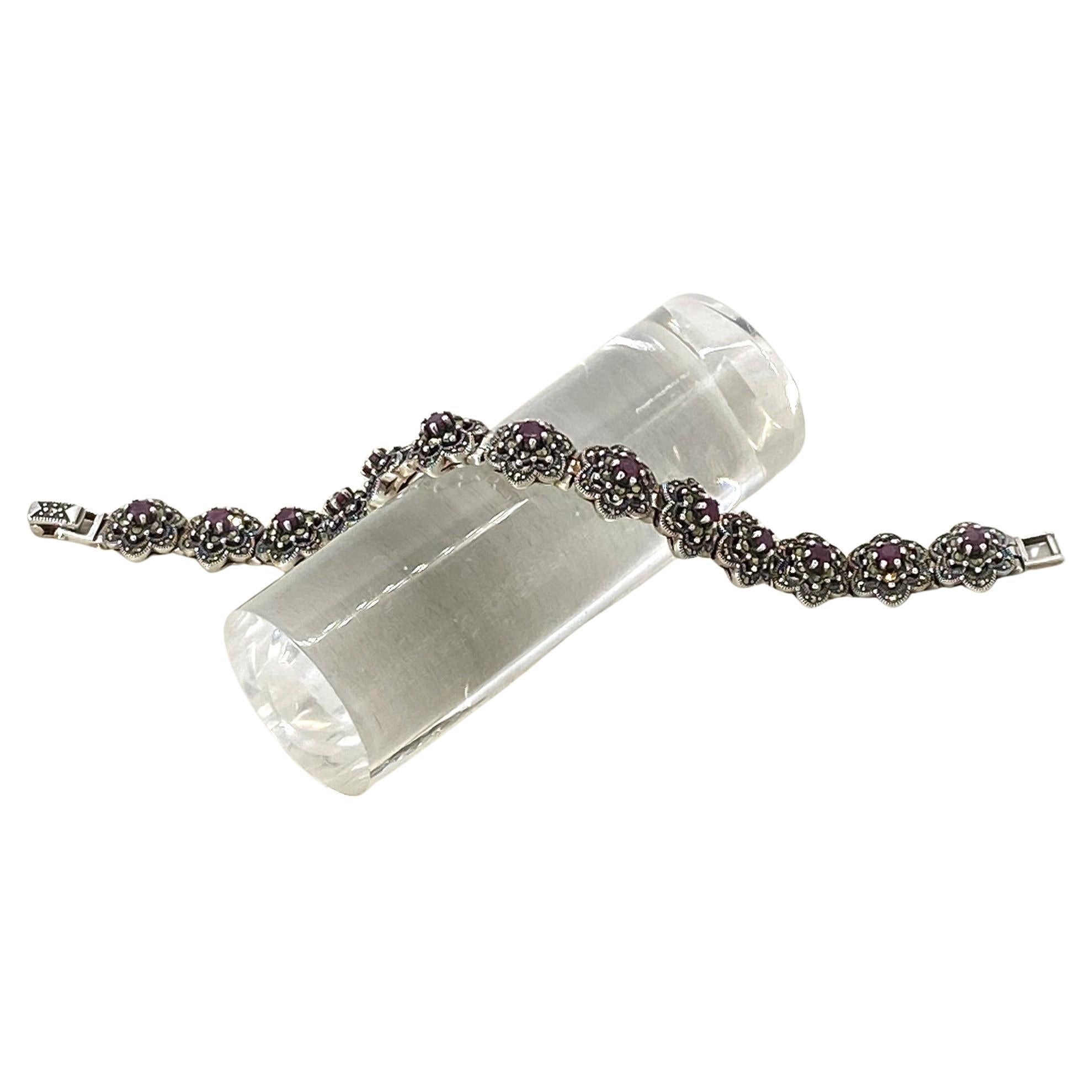 Ruby and Marcasite Sterling Link Bracelet For Sale 2