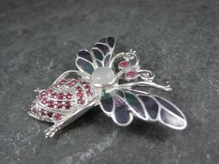 Ruby and Moonstone Bee Bug Pendant Brooch Sterling Silver Plique-a-jour Enamel
