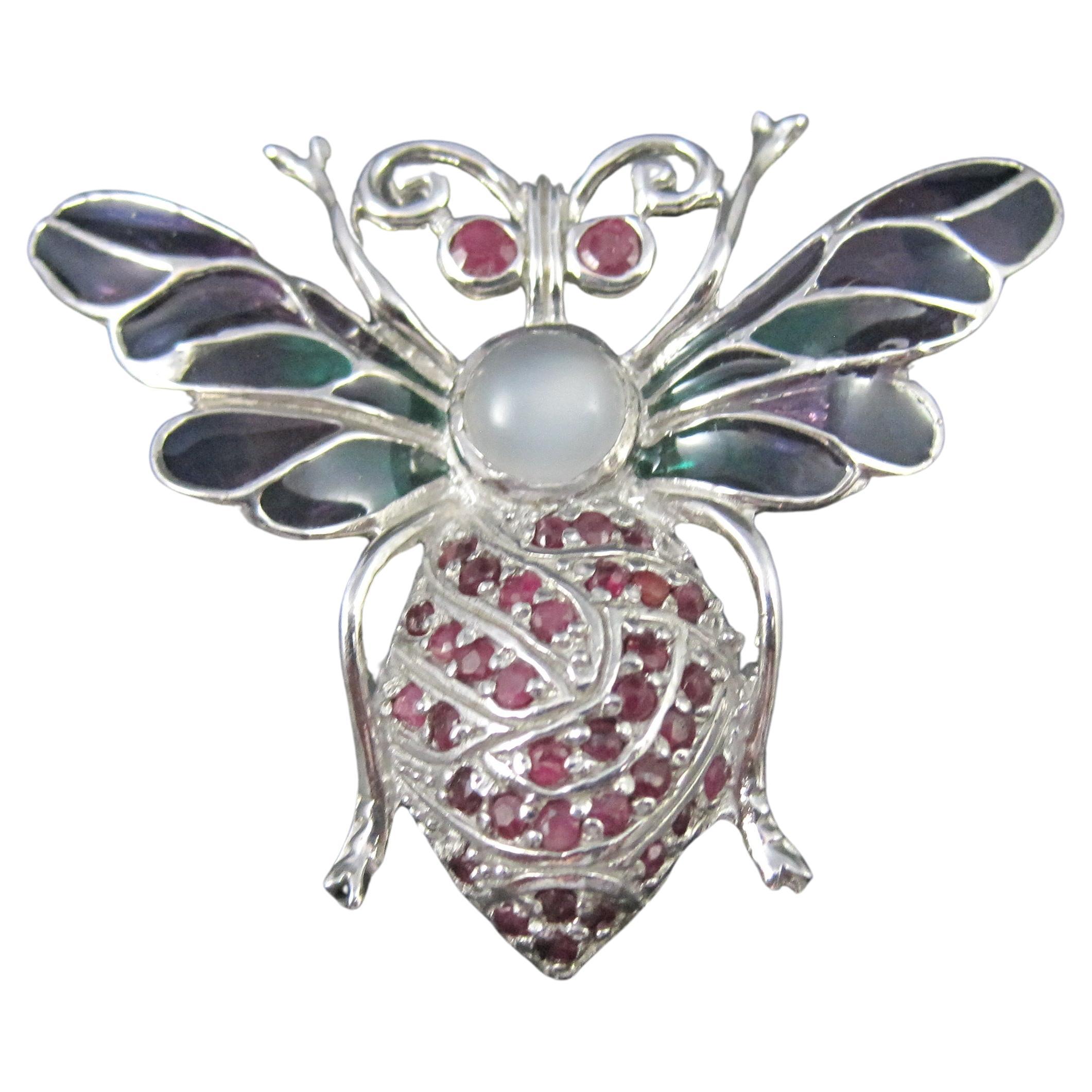 Ruby and Moonstone Bee Bug Pendant Brooch Sterling Silver Plique-a-jour Enamel