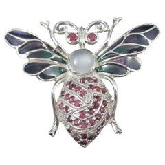 Ruby and Moonstone Bee Bug Pendant Brooch Sterling Silver Plique-a-jour Enamel