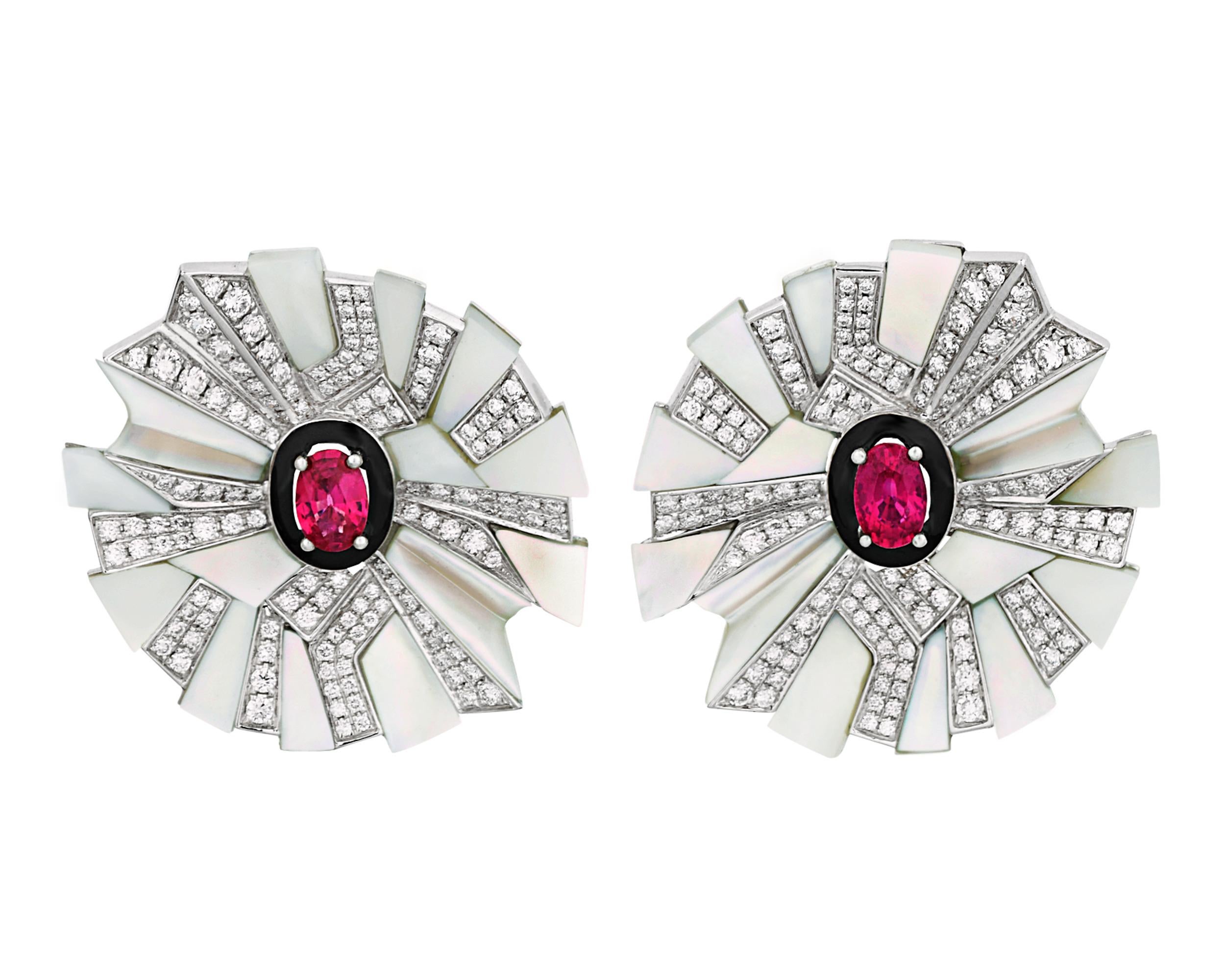 Modern Ruby and Mother-of-Pearl Floral Earrings For Sale