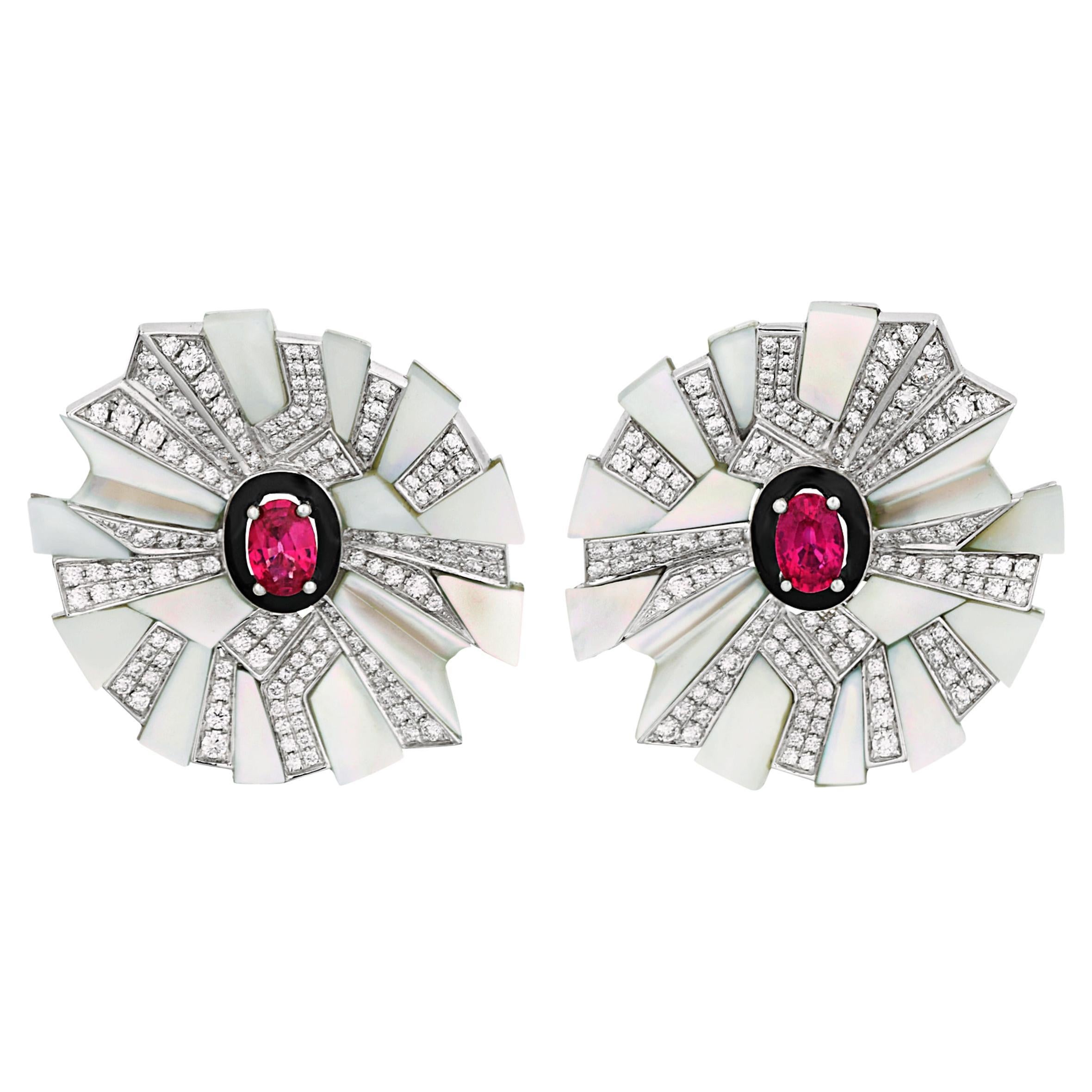 Ruby and Mother-of-Pearl Floral Earrings For Sale