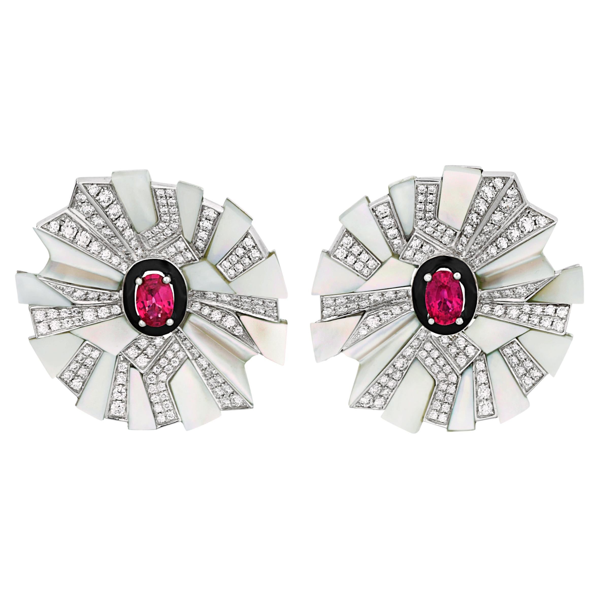 Ruby and Mother-of-Pearl Floral Earrings