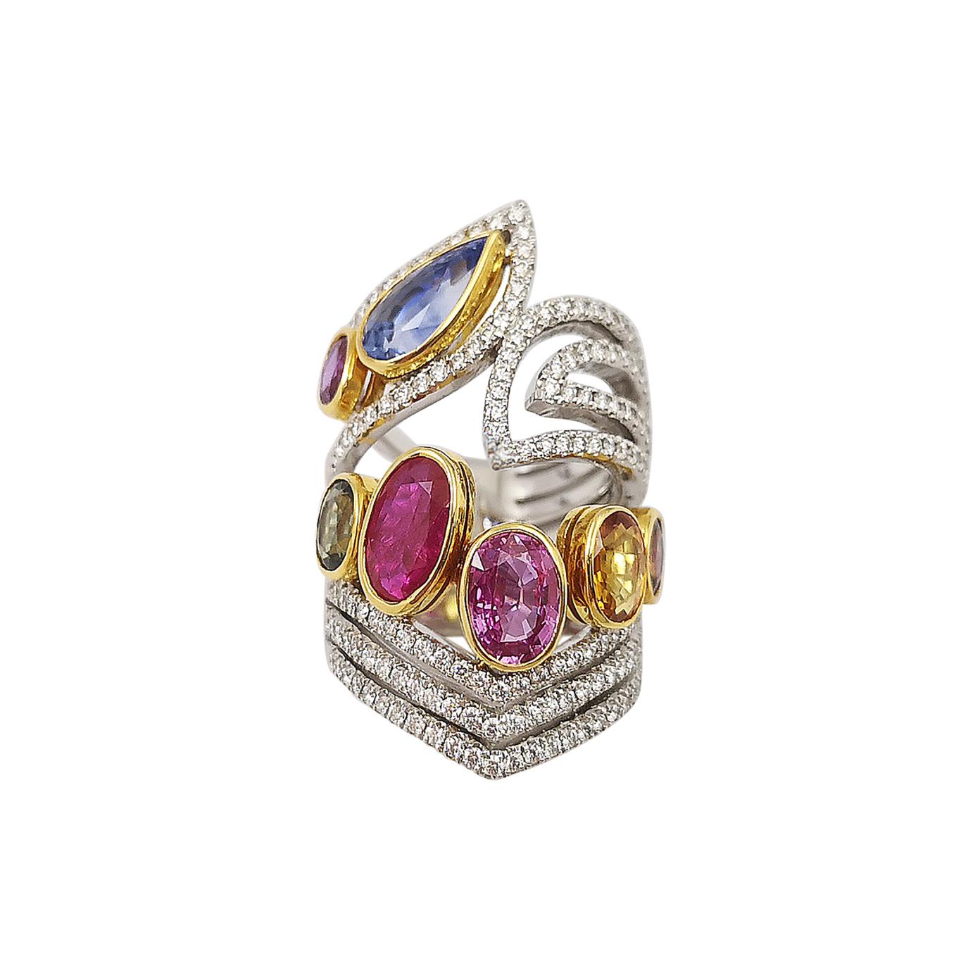 Ruby and Multi-Color Sapphire with Diamond Ring Set in 18 Karat Gold Settings