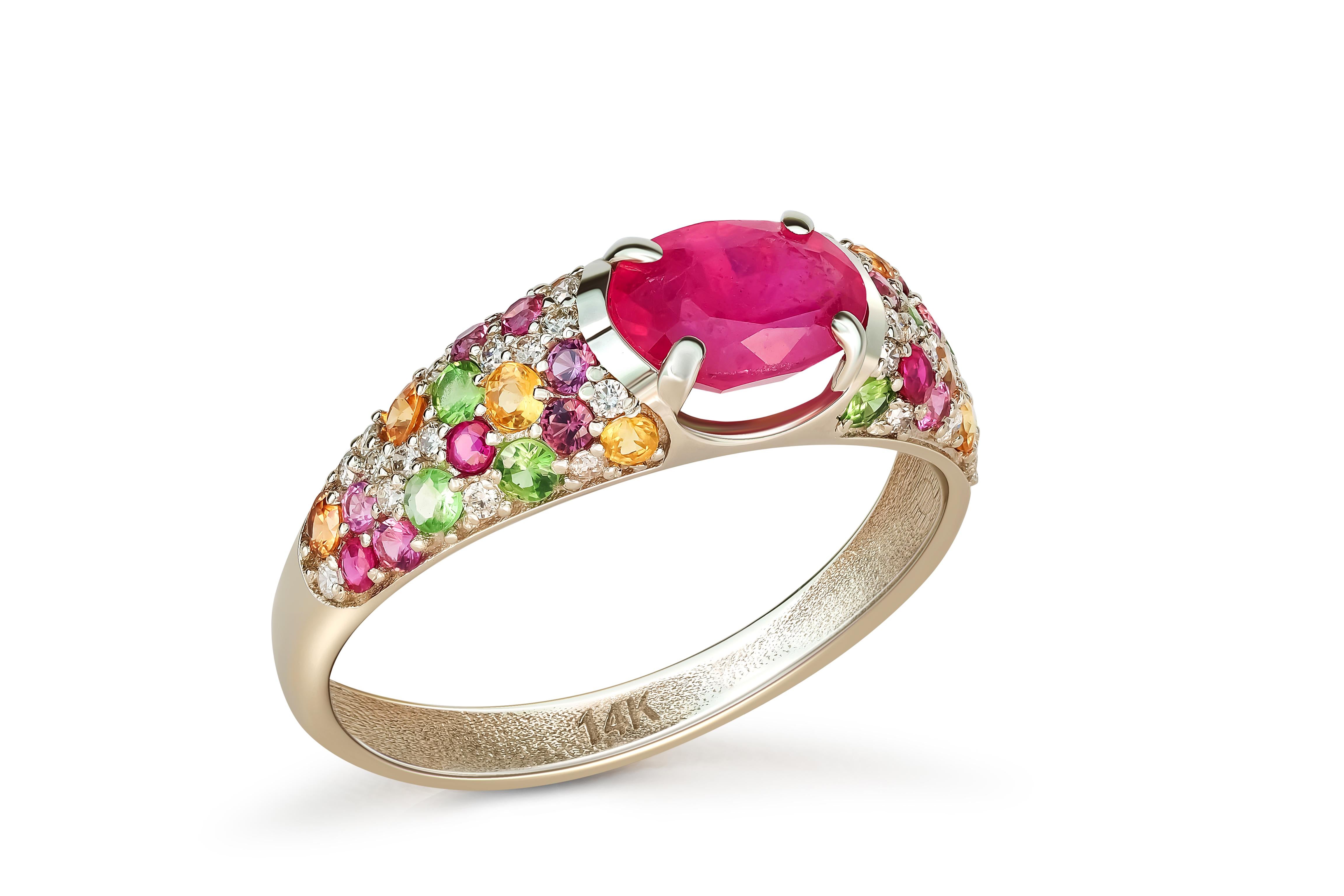 Modern Ruby and Multicolored Gemstones 14 Karat Gold Ring. July birthstone ruby ring. 