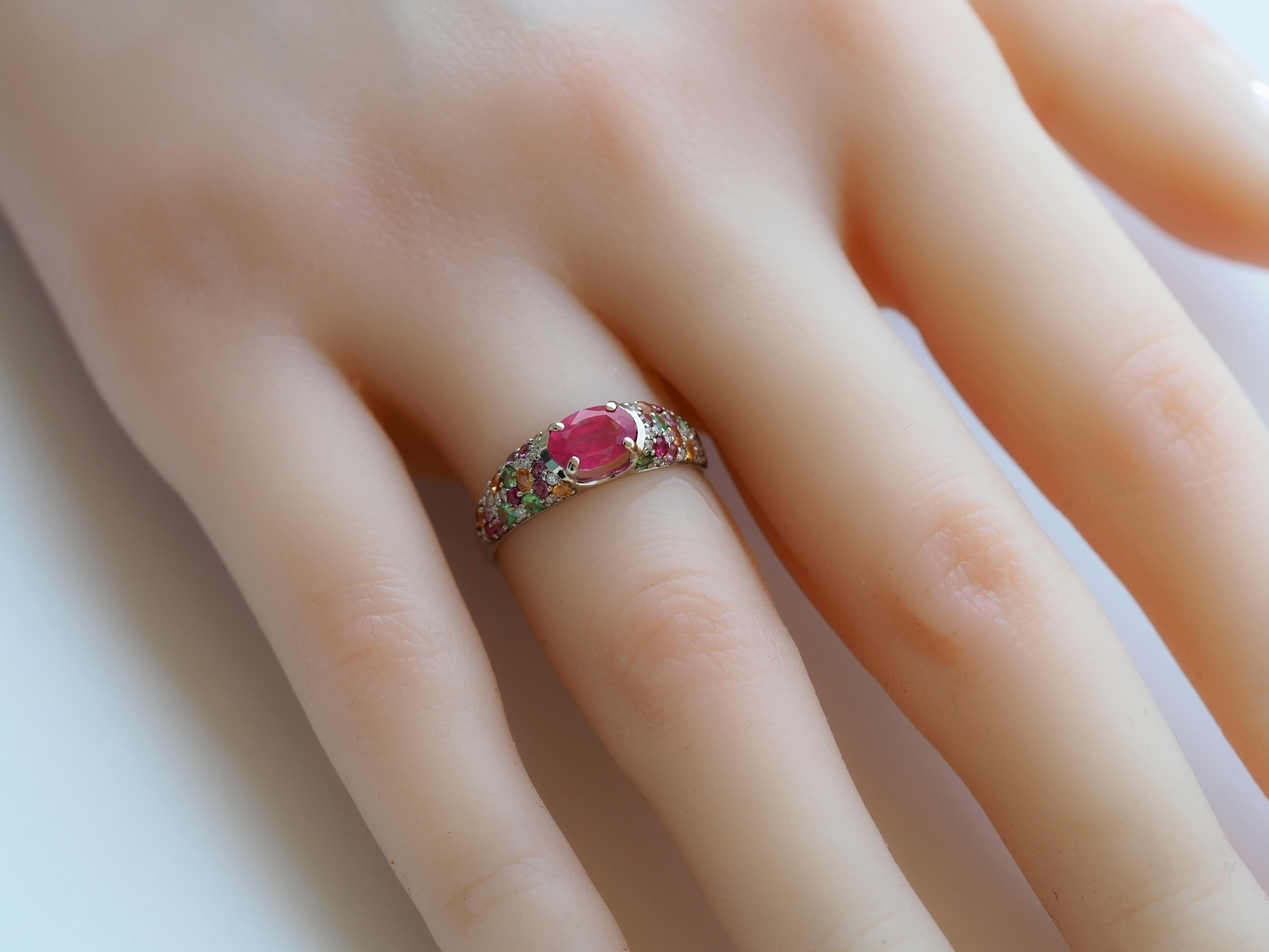 Ruby and Multicolored Gemstones 14 Karat Gold Ring. July birthstone ruby ring.  In New Condition In Istanbul, TR