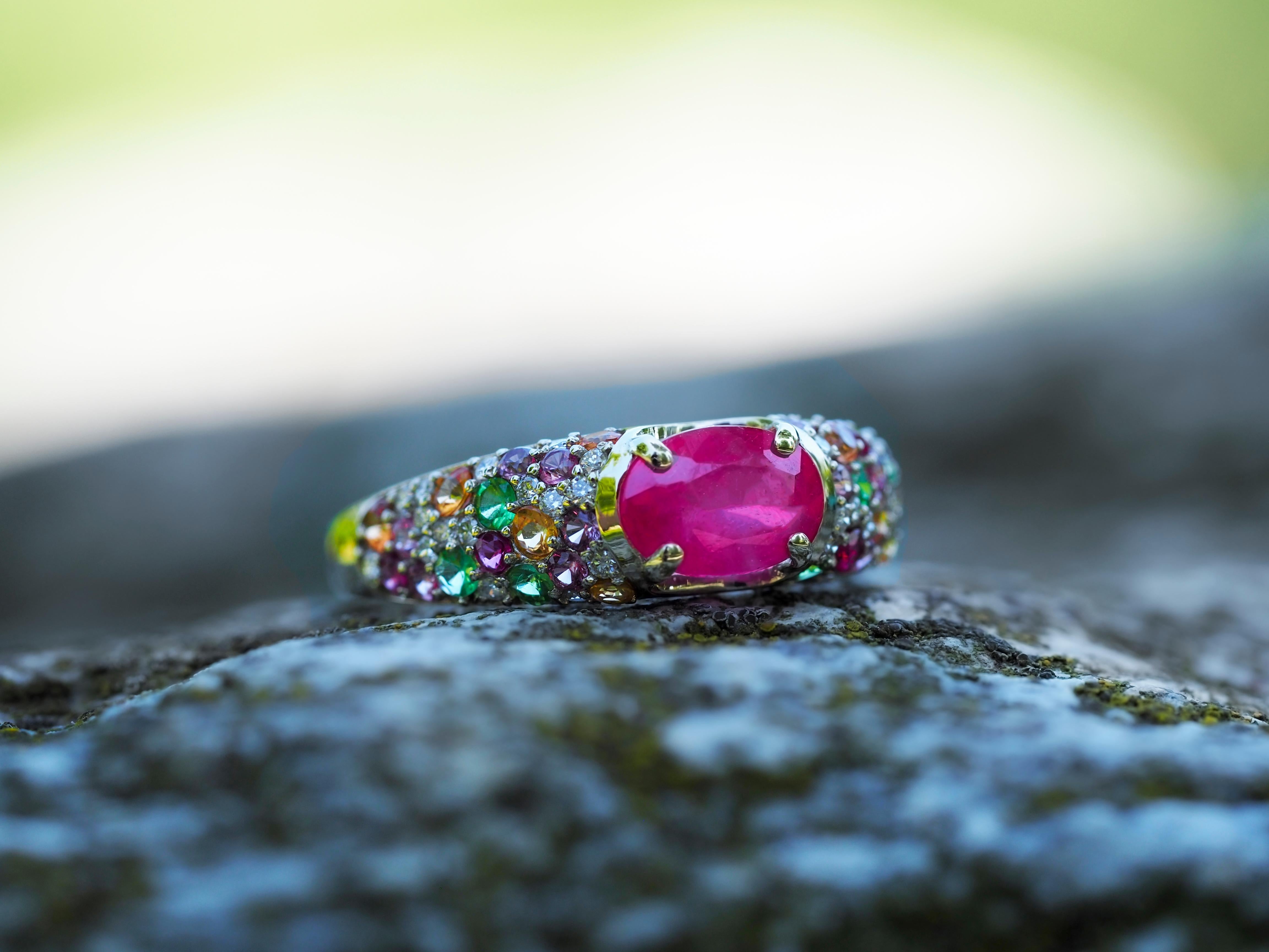 Women's or Men's Ruby and Multicolored Gemstones 14 Karat Gold Ring. July birthstone ruby ring. 