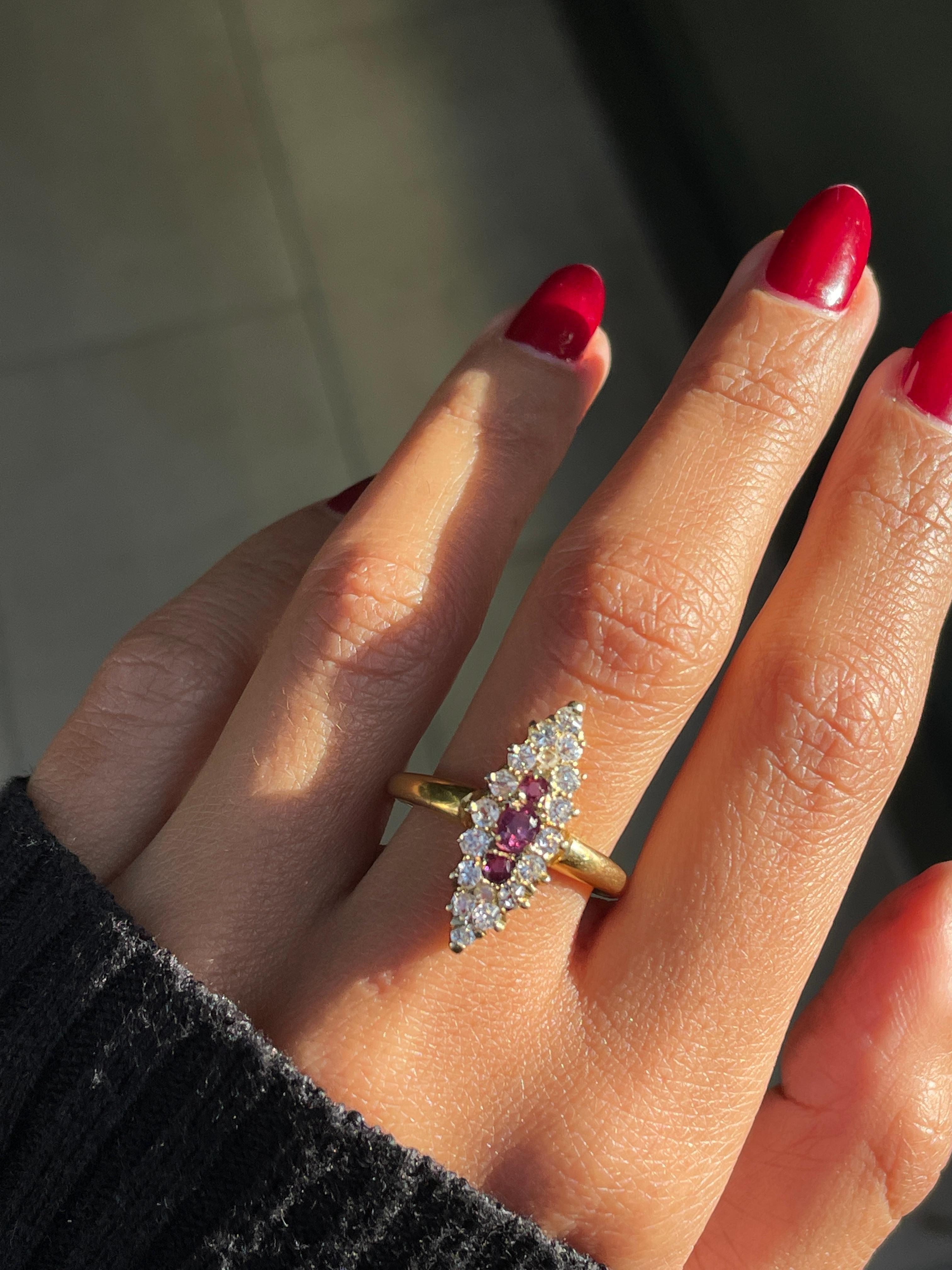 Round Cut Ruby and Old Cut Diamond 18 Carat Yellow Gold Marquise Shape Cluster Ring For Sale