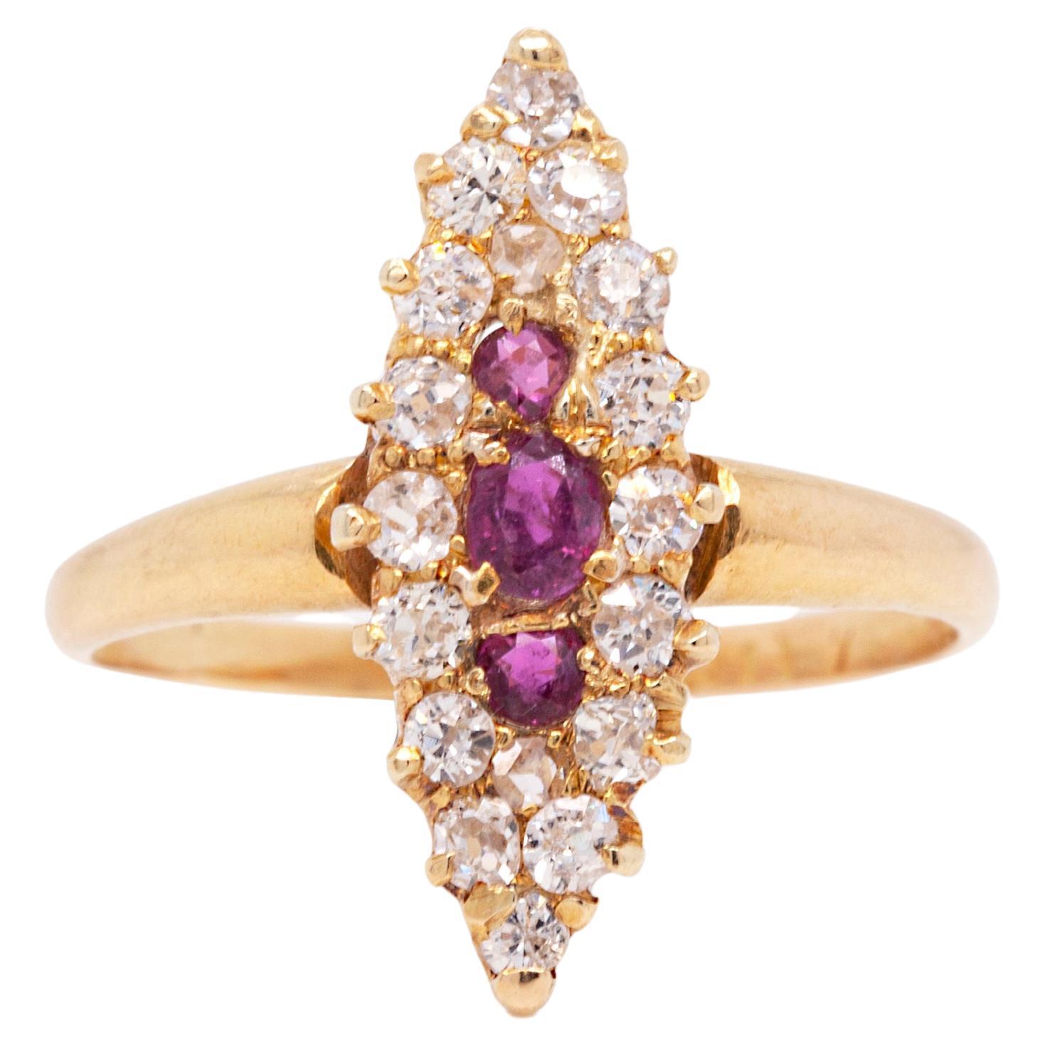 Ruby and Old Cut Diamond 18 Carat Yellow Gold Marquise Shape Cluster Ring For Sale