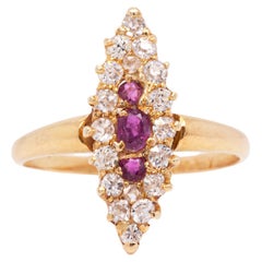 Antique Ruby and Old Cut Diamond 18 Carat Yellow Gold Marquise Shape Cluster Ring