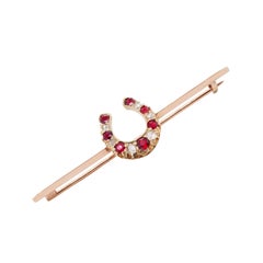 Ruby and Old Cut Diamond 9K Rose Gold & 15K Yellow Gold Horseshoe Bar Brooch