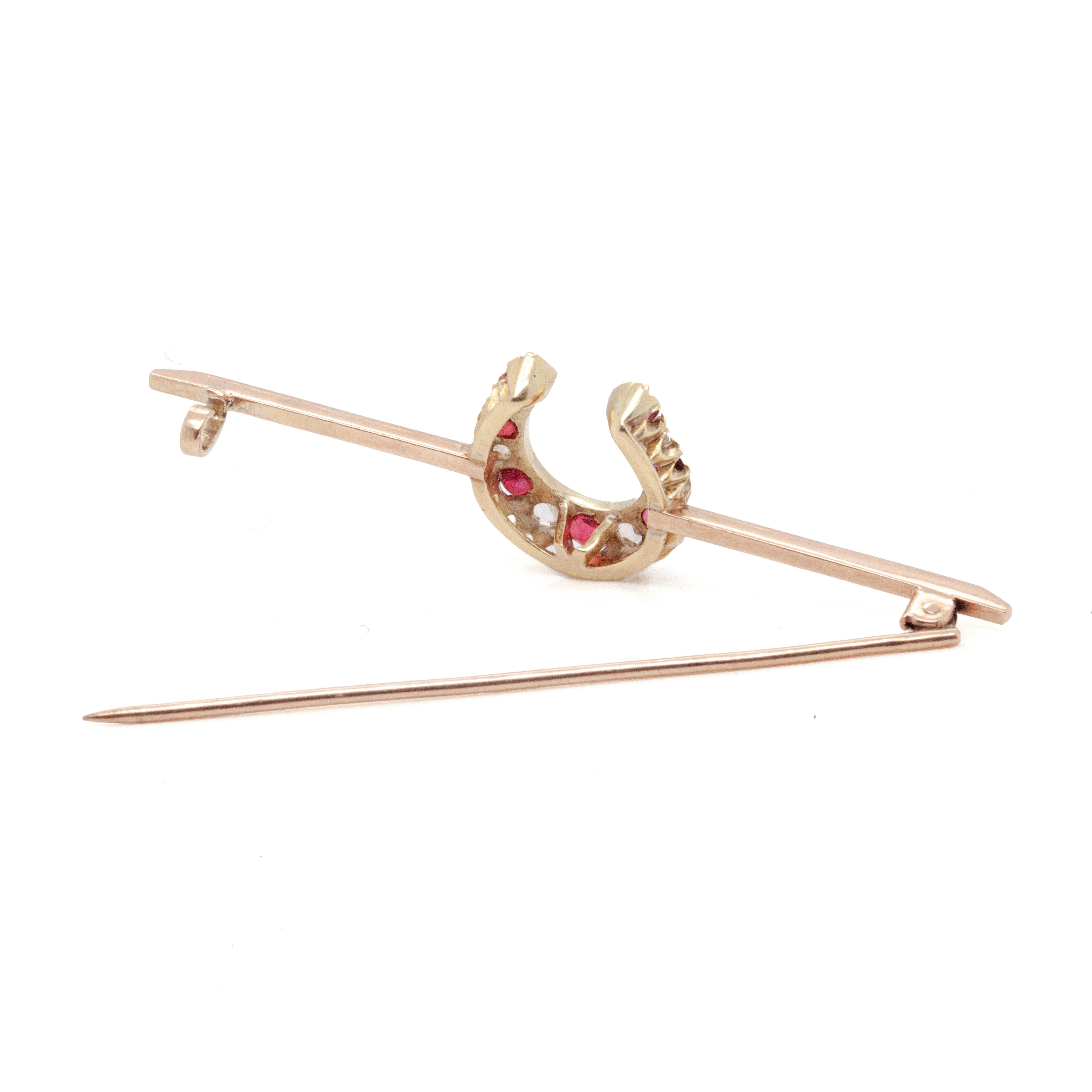 Round Cut Ruby and Old Cut Diamond 9K Rose Gold & 15K Yellow Gold Horseshoe Bar Brooch For Sale