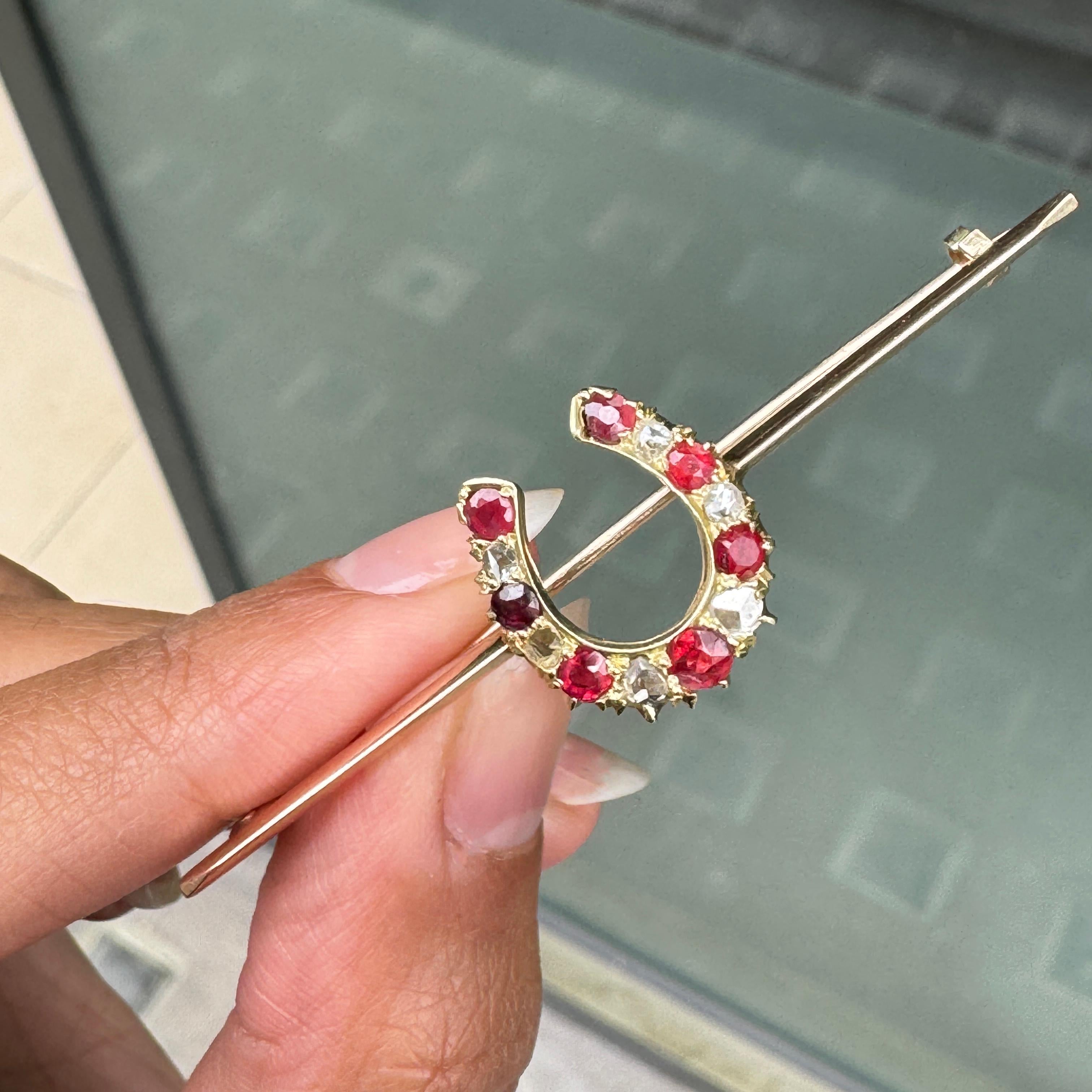 Women's or Men's Ruby and Old Cut Diamond 9K Rose Gold & 15K Yellow Gold Horseshoe Bar Brooch For Sale