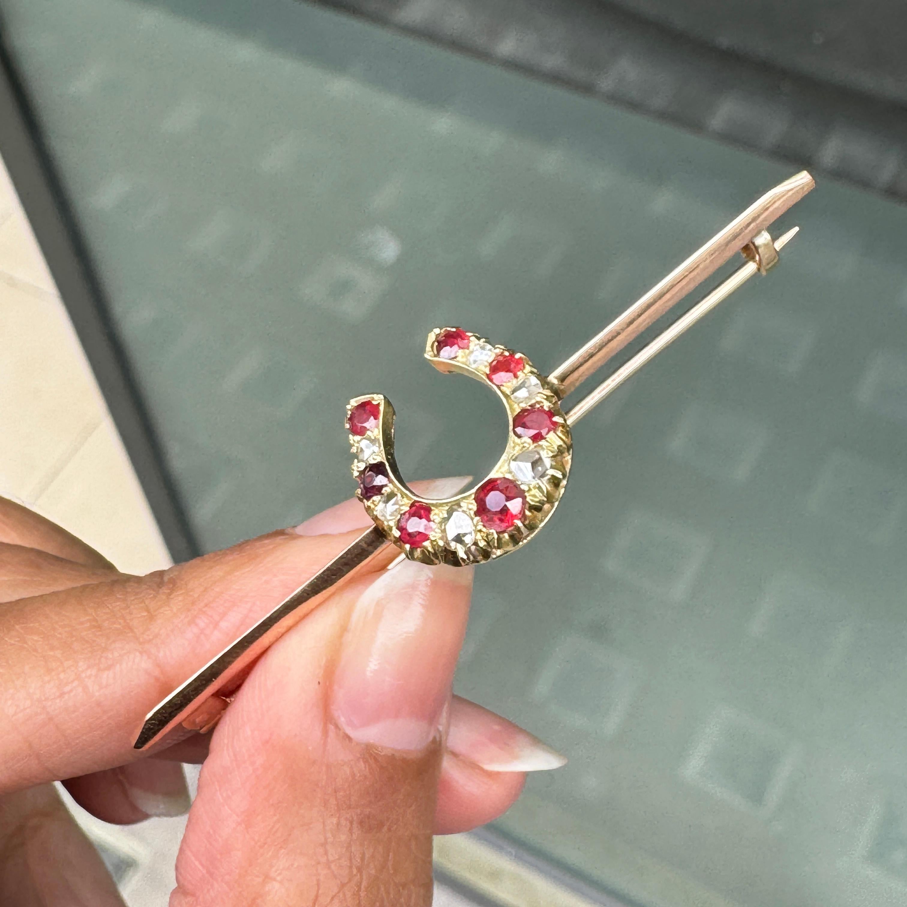 Ruby and Old Cut Diamond 9K Rose Gold & 15K Yellow Gold Horseshoe Bar Brooch For Sale 1