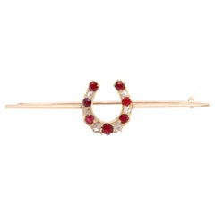Ruby and Old Cut Diamond 9K Rose Gold & 15K Yellow Gold Horseshoe Bar Brooch