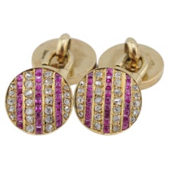 Ruby and Old Cut Diamond Cufflinks in 14K Yellow Gold