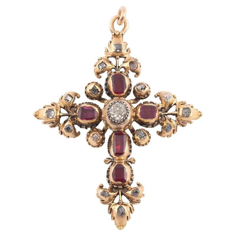 Neoclassical Ruby and Old Cut Diamond Set Gold Cross Pendant, French, Late 18th Century For Sale
