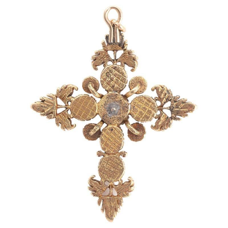Old European Cut Ruby and Old Cut Diamond Set Gold Cross Pendant, French, Late 18th Century For Sale