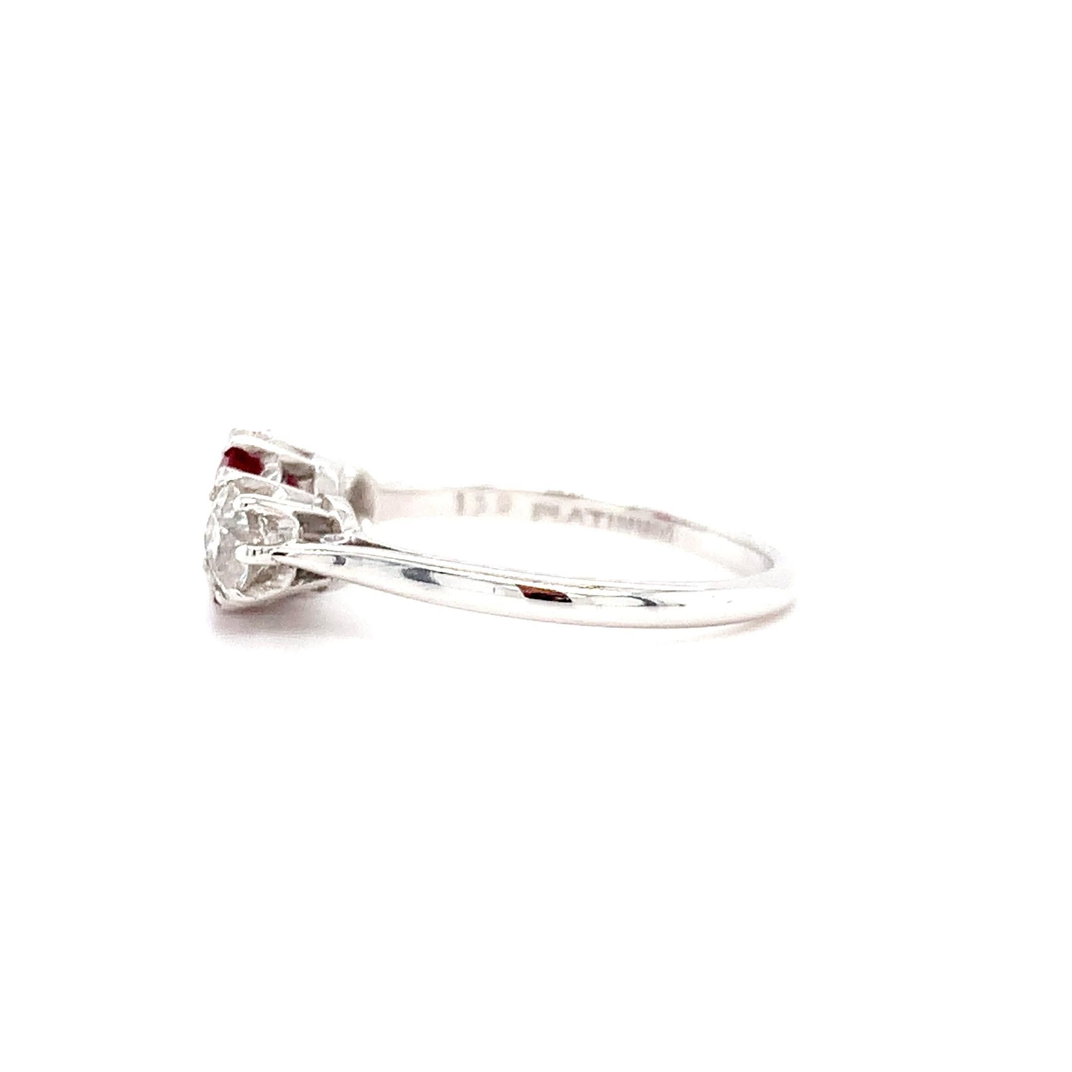 Emerald Cut Ruby and old cut diamonds trilogy engagement ring platinum For Sale