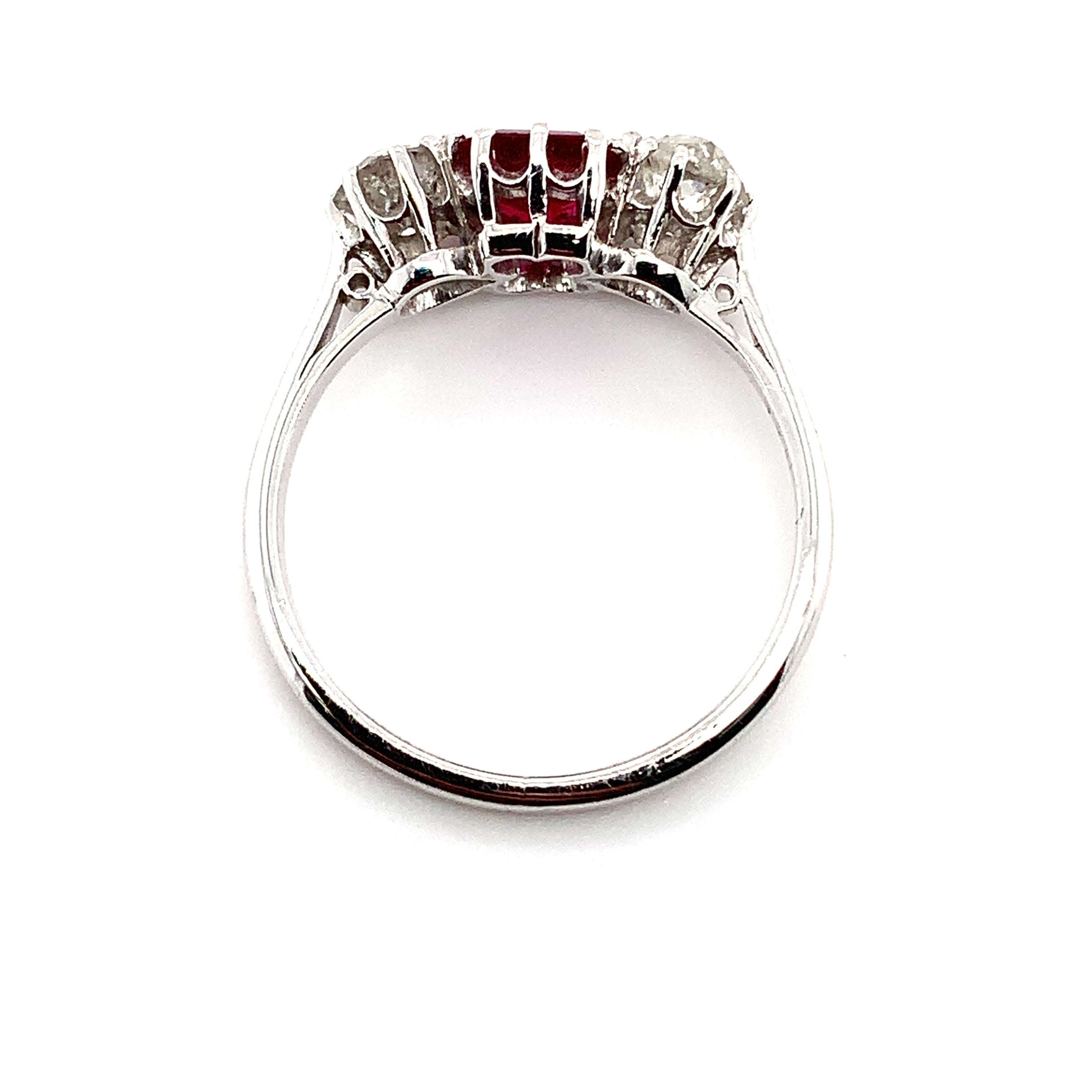 Ruby and old cut diamonds trilogy engagement ring platinum For Sale 1
